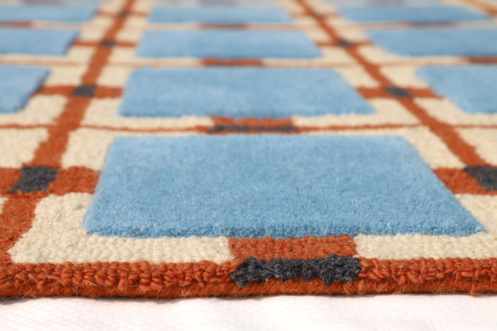 Modern Geometric Wool Rug - Blue Square Grid Design | Mid-Century Modern Area Rug by Rug Regalia