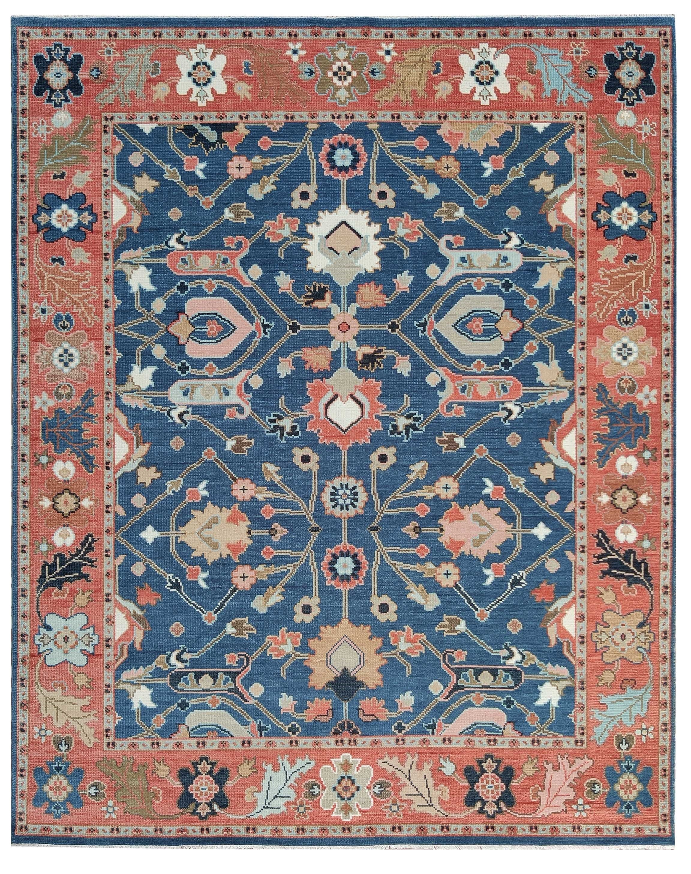 Hand Knotted Wool Rug, Blue Rust Traditional Floral Carpet, Vintage Style Living Room 8x10