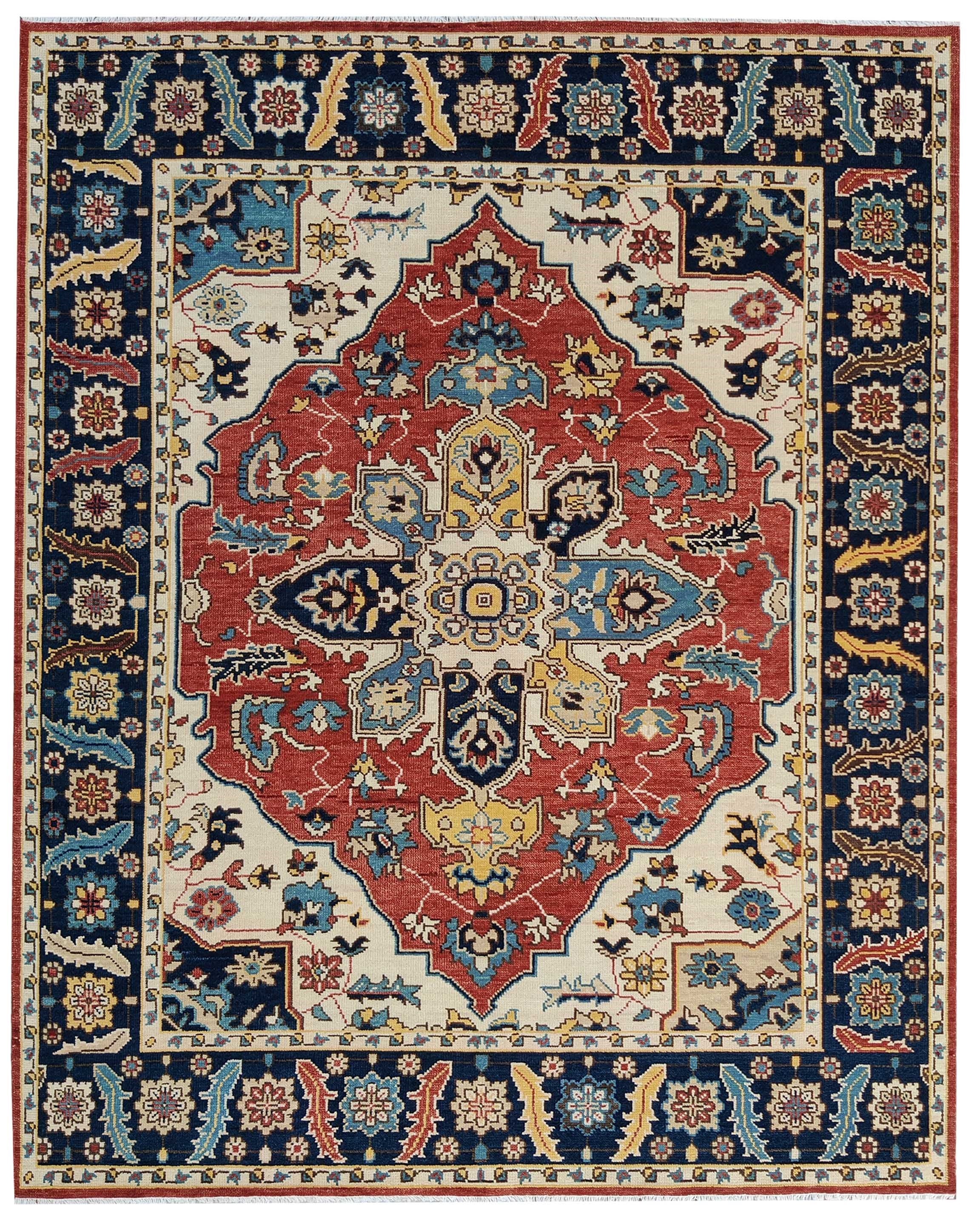 Red Blue Oushak Rug 8x10 Hand Knotted Wool Turkish Rug, Vintage Medallion Area Rug, Oriental Living Room Rug, Custom Size
