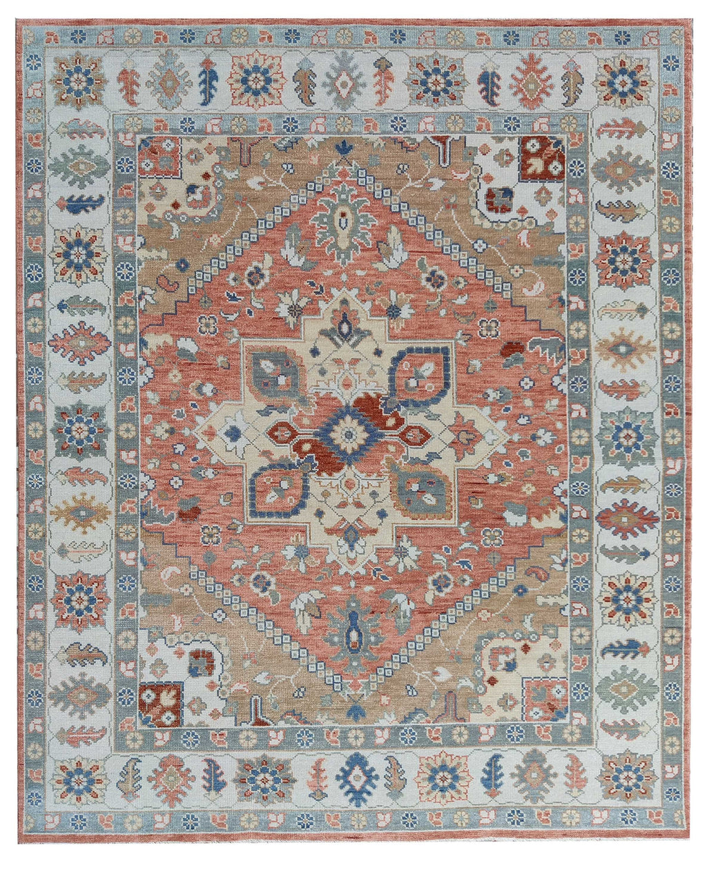 Hand Knotted Oushak Rug, Terracotta Coral & Beige Turkish Wool Rug, Vintage Medallion Oriental Carpet, Handmade Floral Area Rug, Custom Size