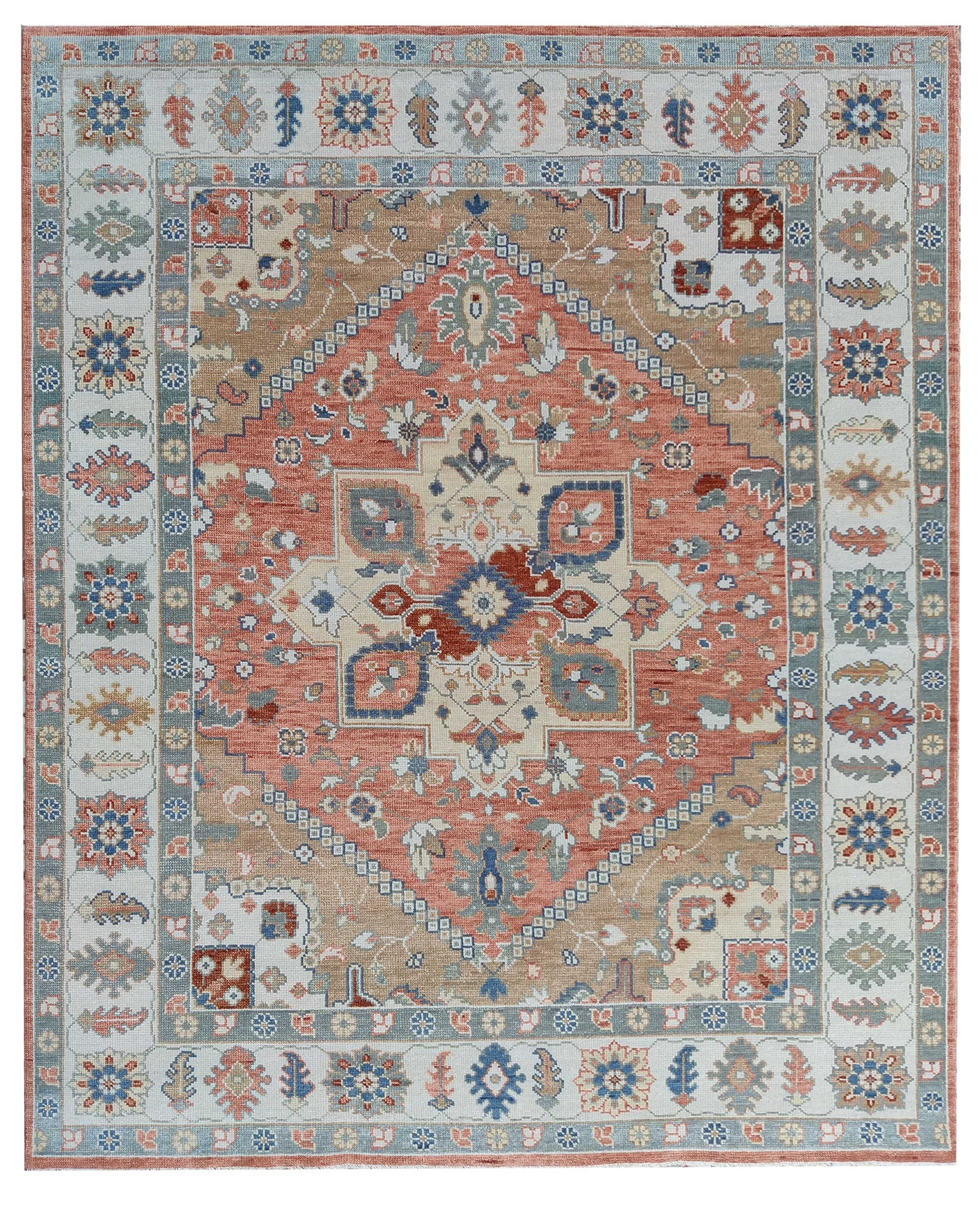 Hand Knotted Oushak Rug, Terracotta Coral & Beige Turkish Wool Rug, Vintage Medallion Oriental Carpet, Handmade Floral Area Rug, Custom Size