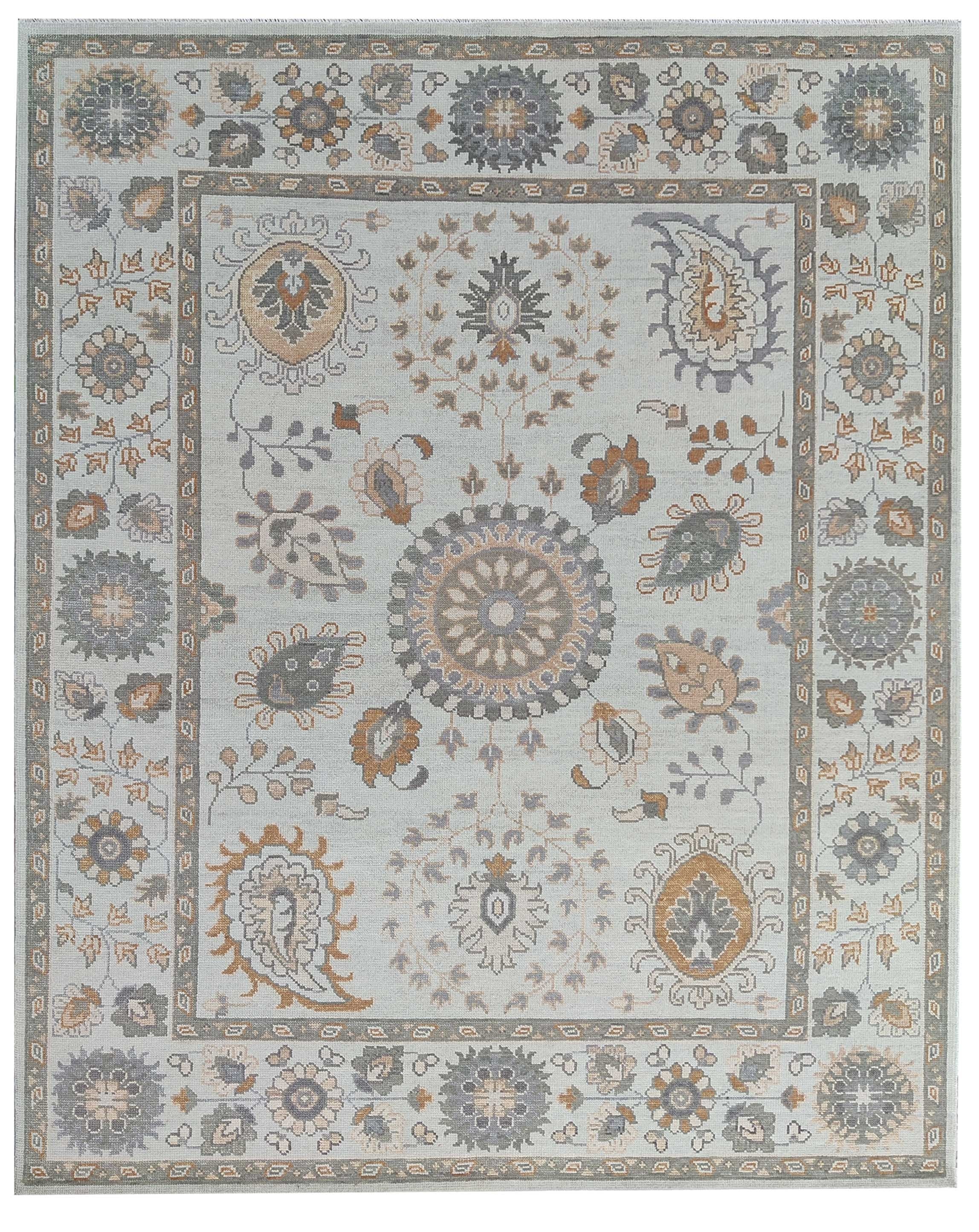 Ivory Oushak Rug 8x10 Hand Knotted Wool Turkish Rug, Vintage Floral Neutral Area Rug, Beige Living Room Rug, Custom Size