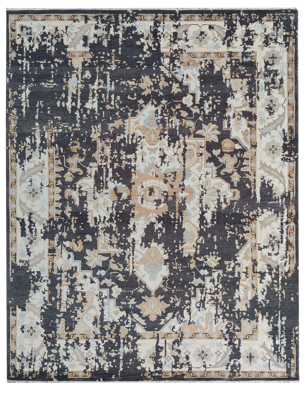 Vintage Distressed Turkish Style Wool Carpet, Beige Ivory Charcoal Black Antique Look Area Rug for Living Room, Bedroom hand knotted rug