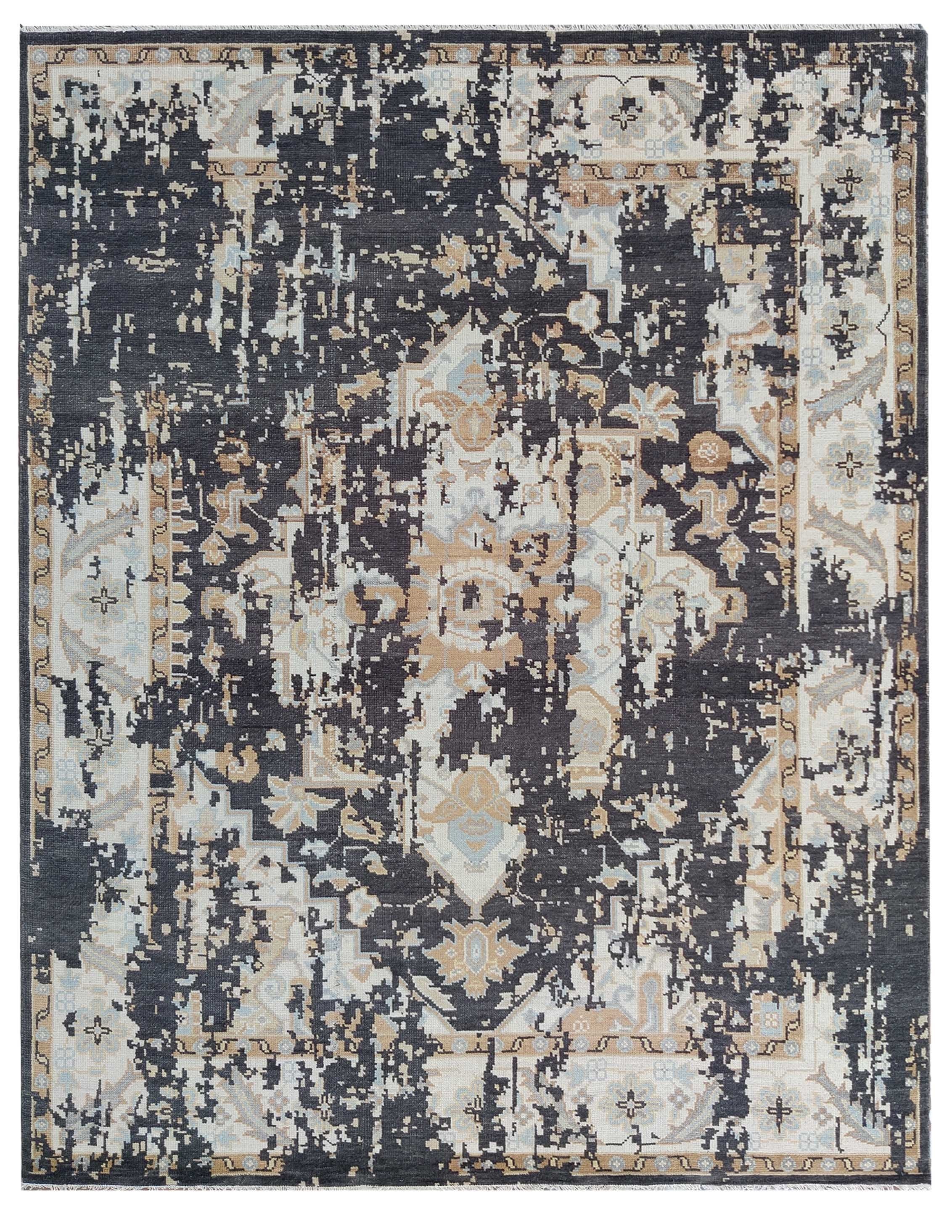 Vintage Distressed Turkish Style Wool Carpet, Beige Ivory Charcoal Black Antique Look Area Rug for Living Room, Bedroom hand knotted rug