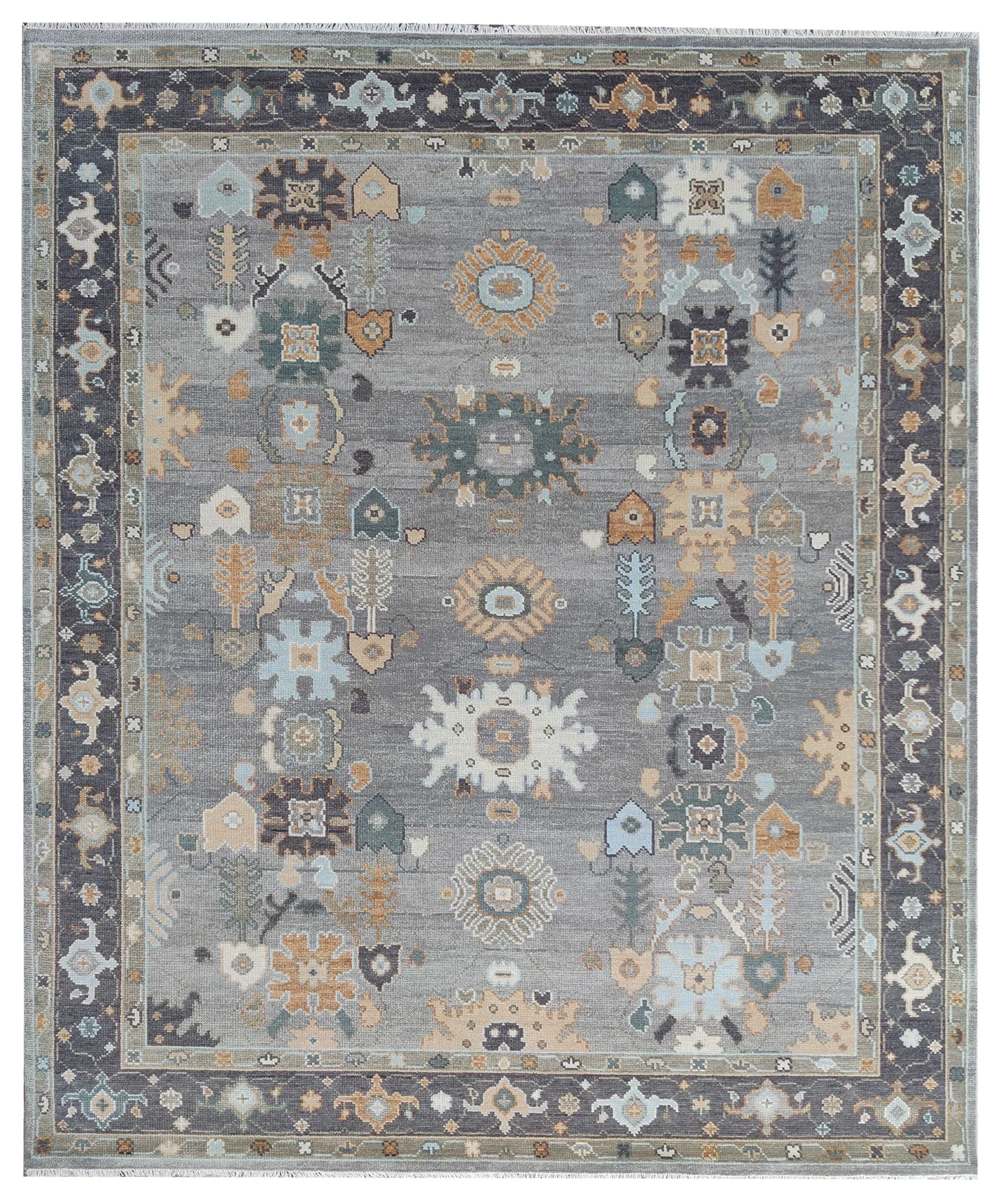 Hand Knotted Wool Oushak Rug, Turkish Style Geometric Carpet (8x10)