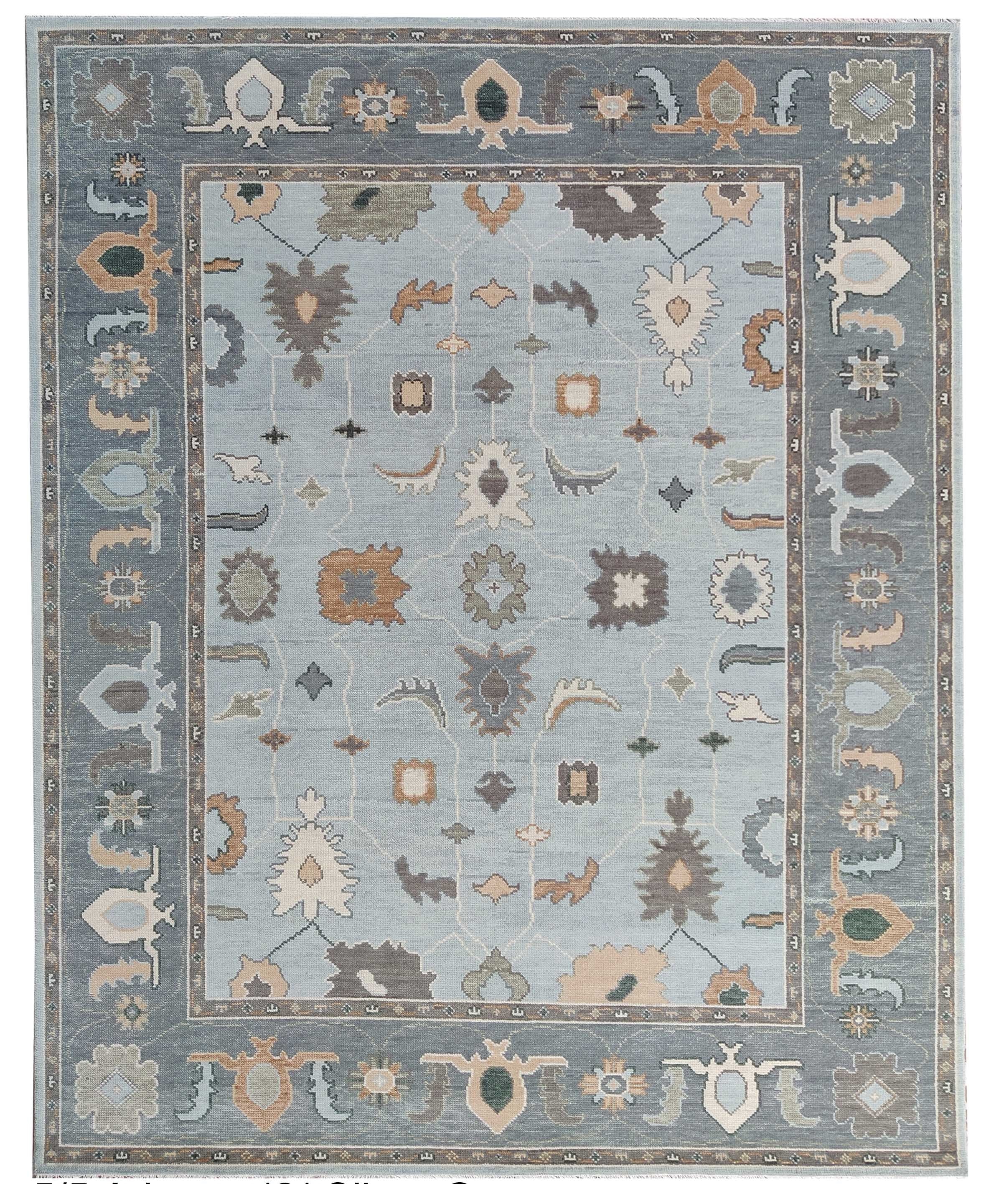 Light Blue Turkish Vintage Wool Carpet, Traditional Geometric Medallion Rug, Soft Pastel Handmade Area Rug for Living Room Bedroom