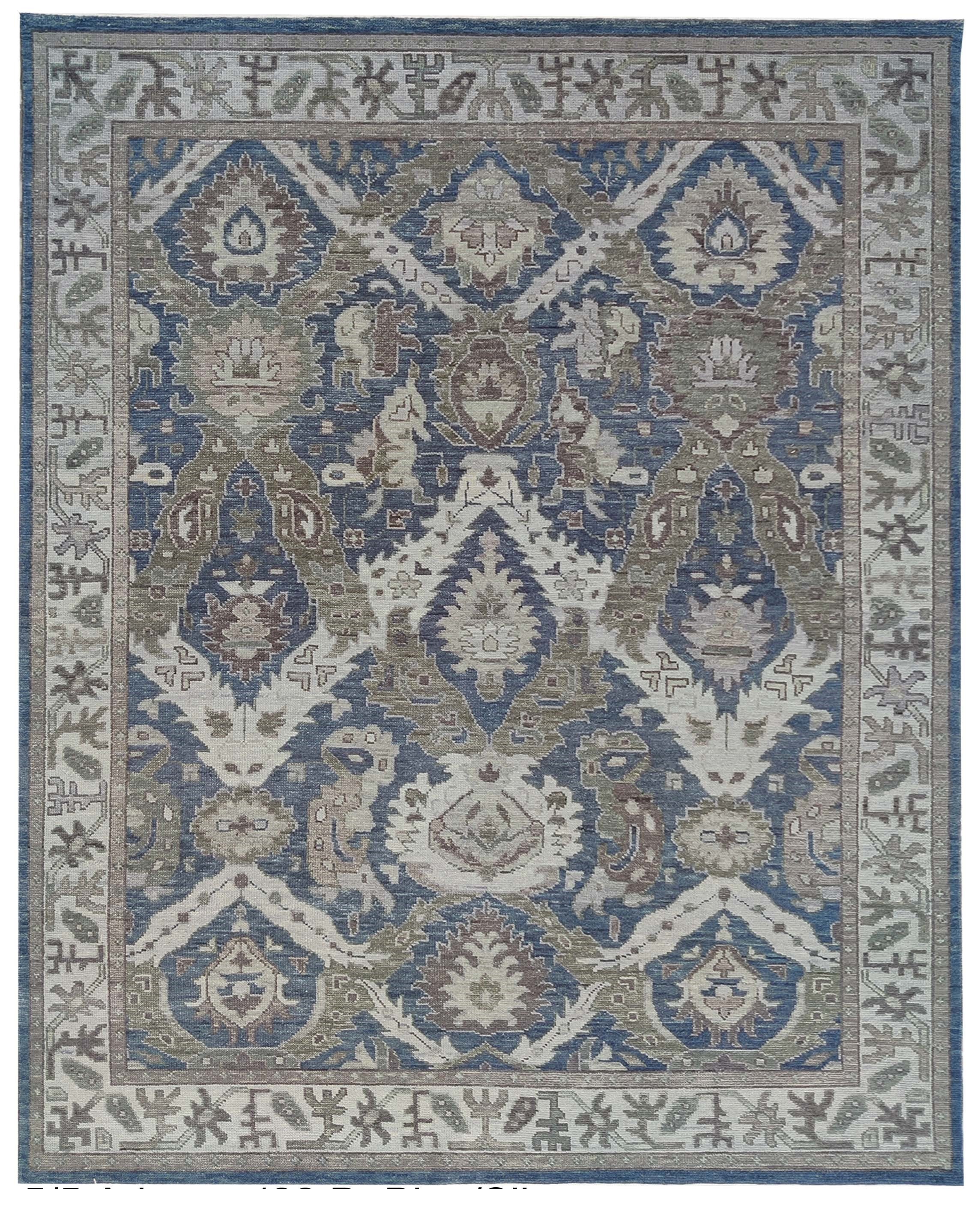 Blue Ivory Vintage Style Area Rug, Hand Knotted Wool Rug, Traditional Floral Carpet, 8x10 Living Room Rug, Custom Size Available