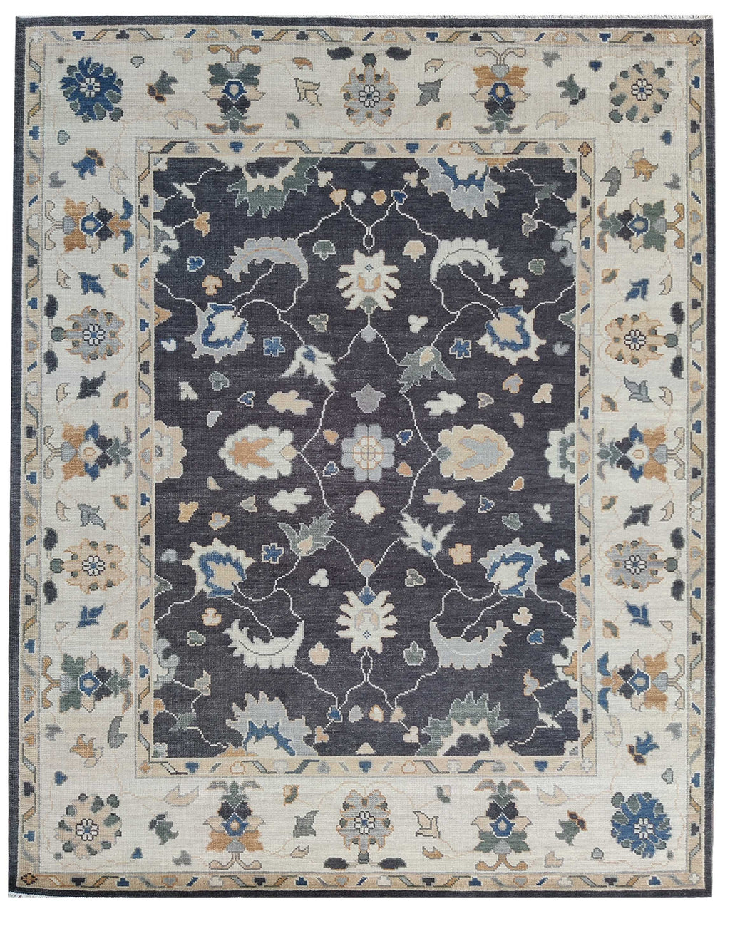 Hand-Knotted Charcoal Ivory Floral Oriental Wool Rug, Vintage Turkish Oushak Carpet