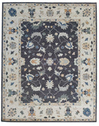 Hand-Knotted Charcoal Ivory Floral Oriental Wool Rug, Vintage Turkish Oushak Carpet