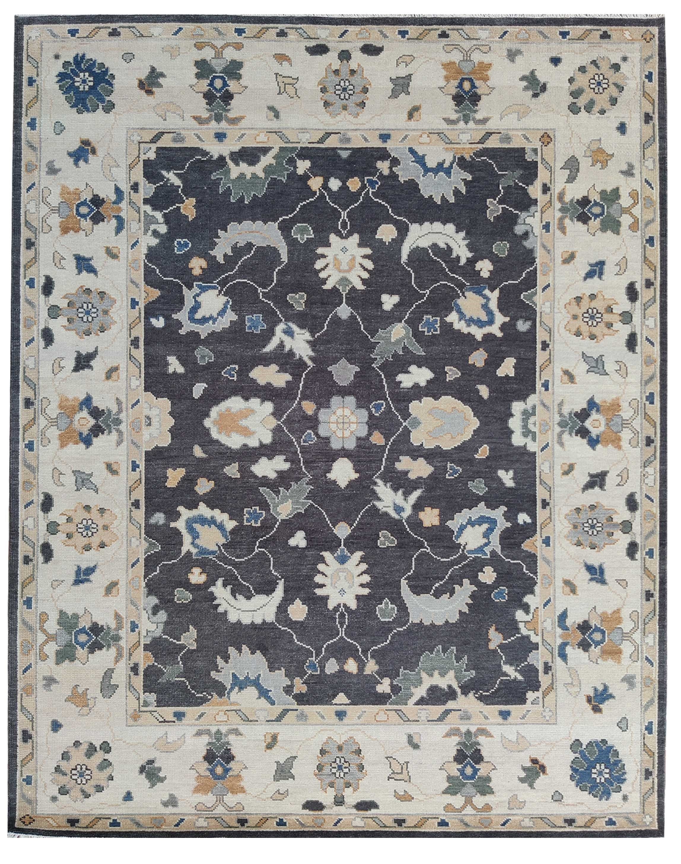 Hand-Knotted Charcoal Ivory Floral Oriental Wool Rug, Vintage Turkish Oushak Carpet