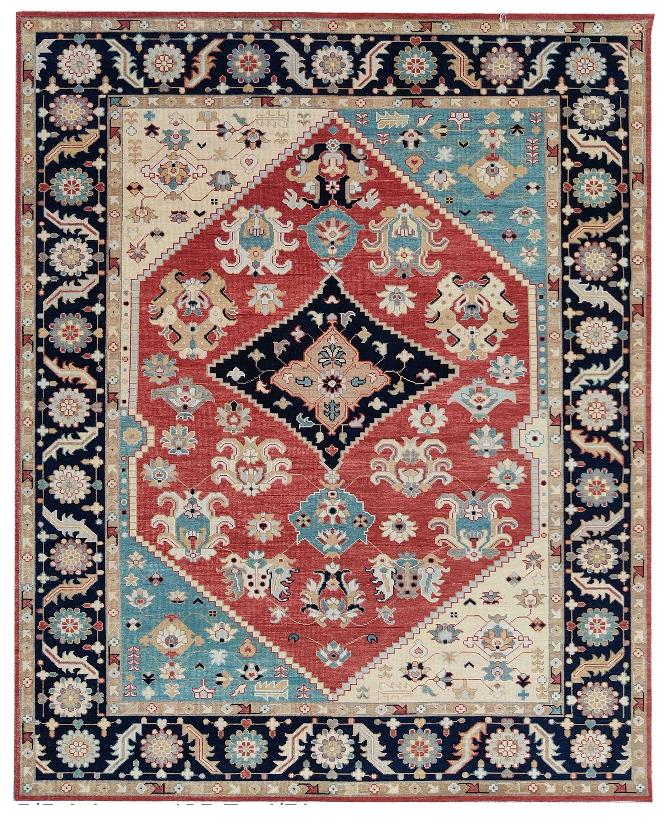 Hand Knotted Oushak Rug, Red Navy Blue Wool Oriental Carpet, Floral Medallion Area Rug