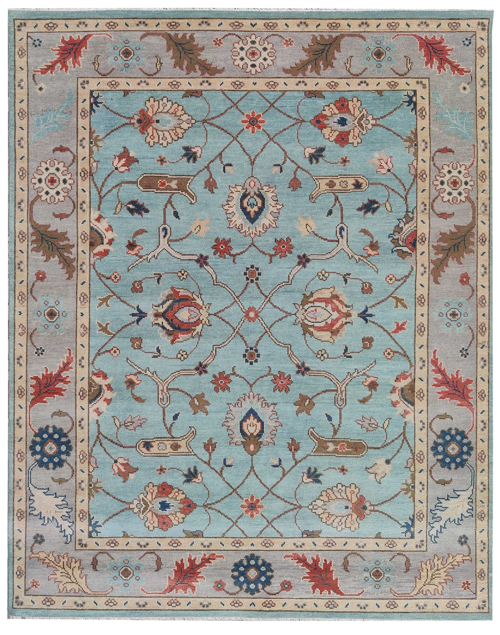Blue Oushak Rug 8x10 Hand Knotted Wool Turkish Rug, Vintage Floral Area Rug, Light Blue Living Room Rug, Custom Size Rug