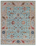 Blue Oushak Rug 8x10 Hand Knotted Wool Turkish Rug, Vintage Floral Area Rug, Light Blue Living Room Rug, Custom Size Rug
