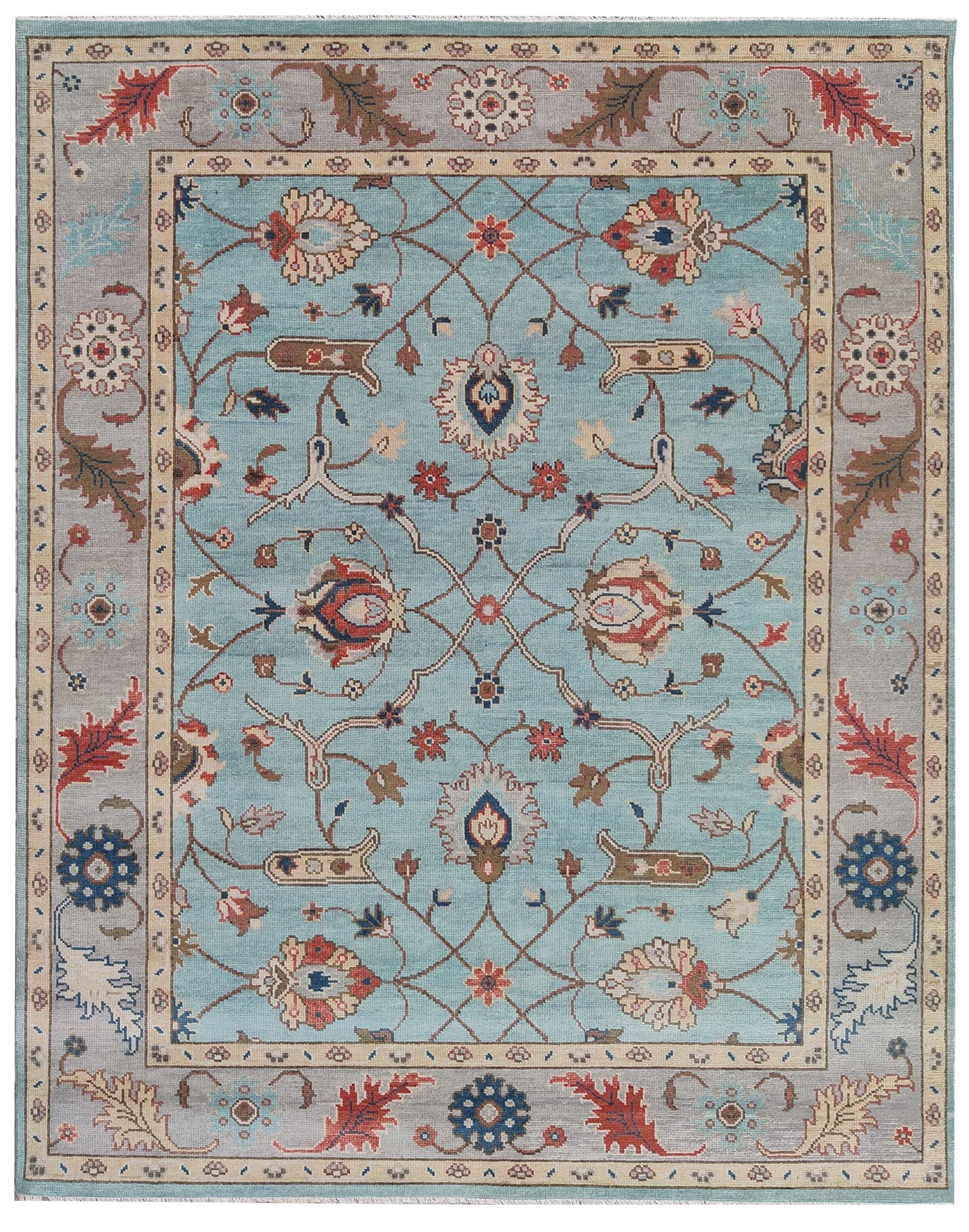 Blue Oushak Rug 8x10 Hand Knotted Wool Turkish Rug, Vintage Floral Area Rug, Light Blue Living Room Rug, Custom Size Rug
