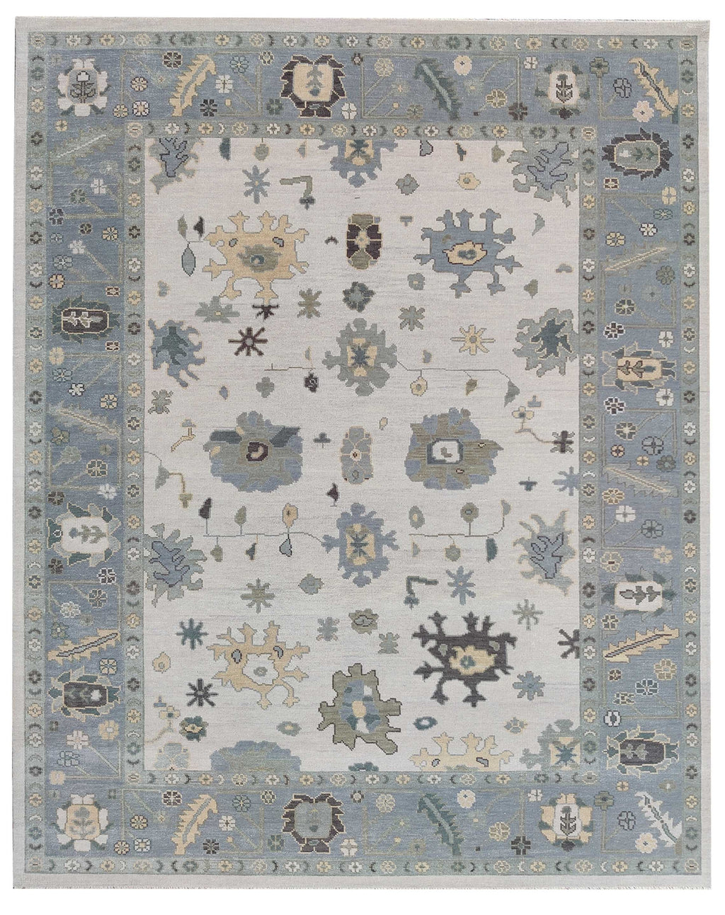 Hand Knotted Oushak Rug – Ivory & Soft Blue Turkish Wool Carpet, Vintage Geometric Medallion Handmade Area Rug for Living Room Bedroom