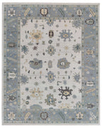Hand Knotted Oushak Rug – Ivory & Soft Blue Turkish Wool Carpet, Vintage Geometric Medallion Handmade Area Rug for Living Room Bedroom