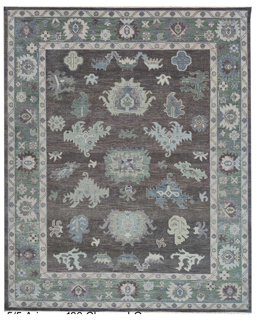 Hand Knotted Oushak Rug – Vintage Turkish Wool Carpet, Soft Green & Charcoal Medallion Design