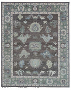 Hand Knotted Oushak Rug – Vintage Turkish Wool Carpet, Soft Green & Charcoal Medallion Design