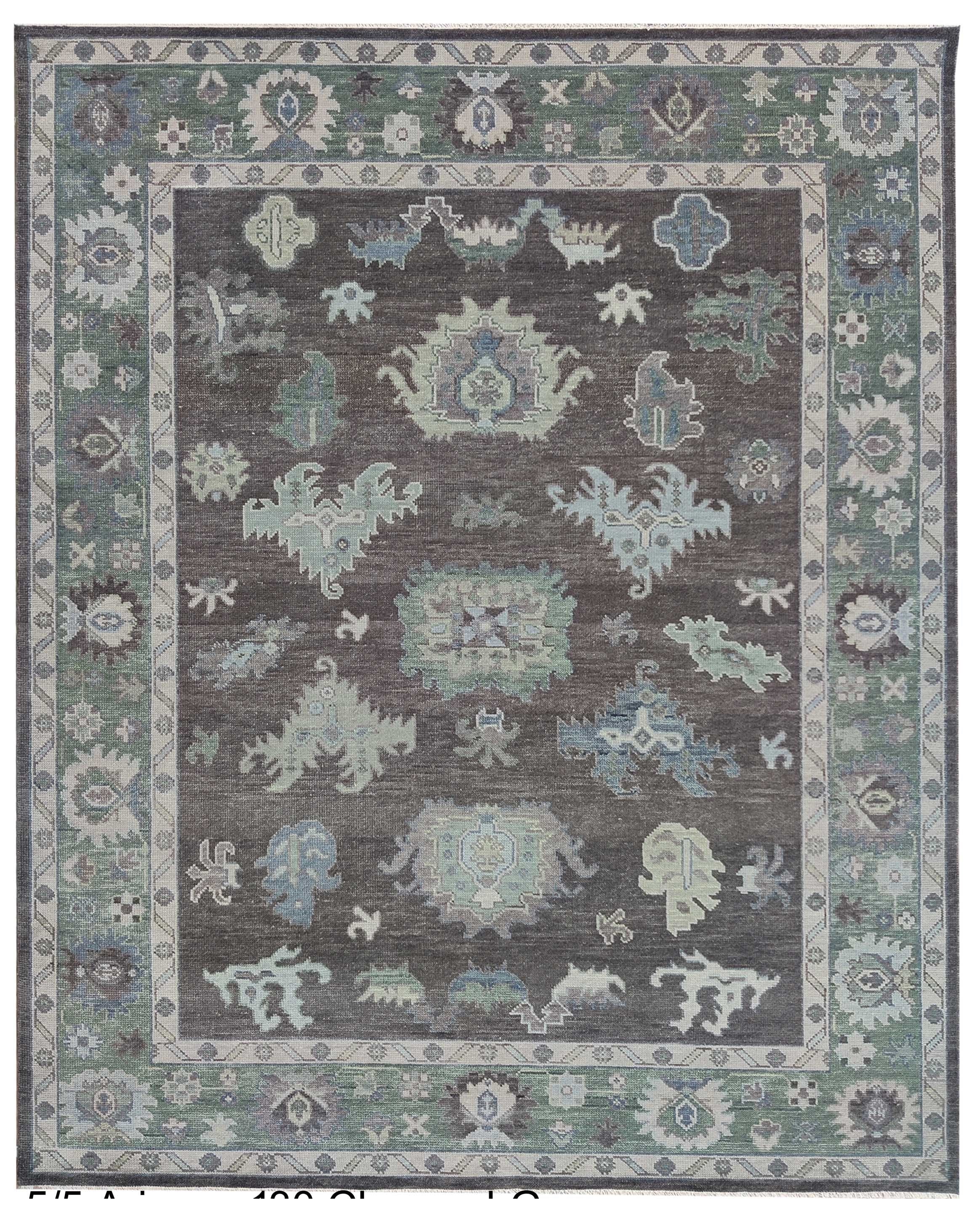 Hand Knotted Oushak Rug – Vintage Turkish Wool Carpet, Soft Green & Charcoal Medallion Design