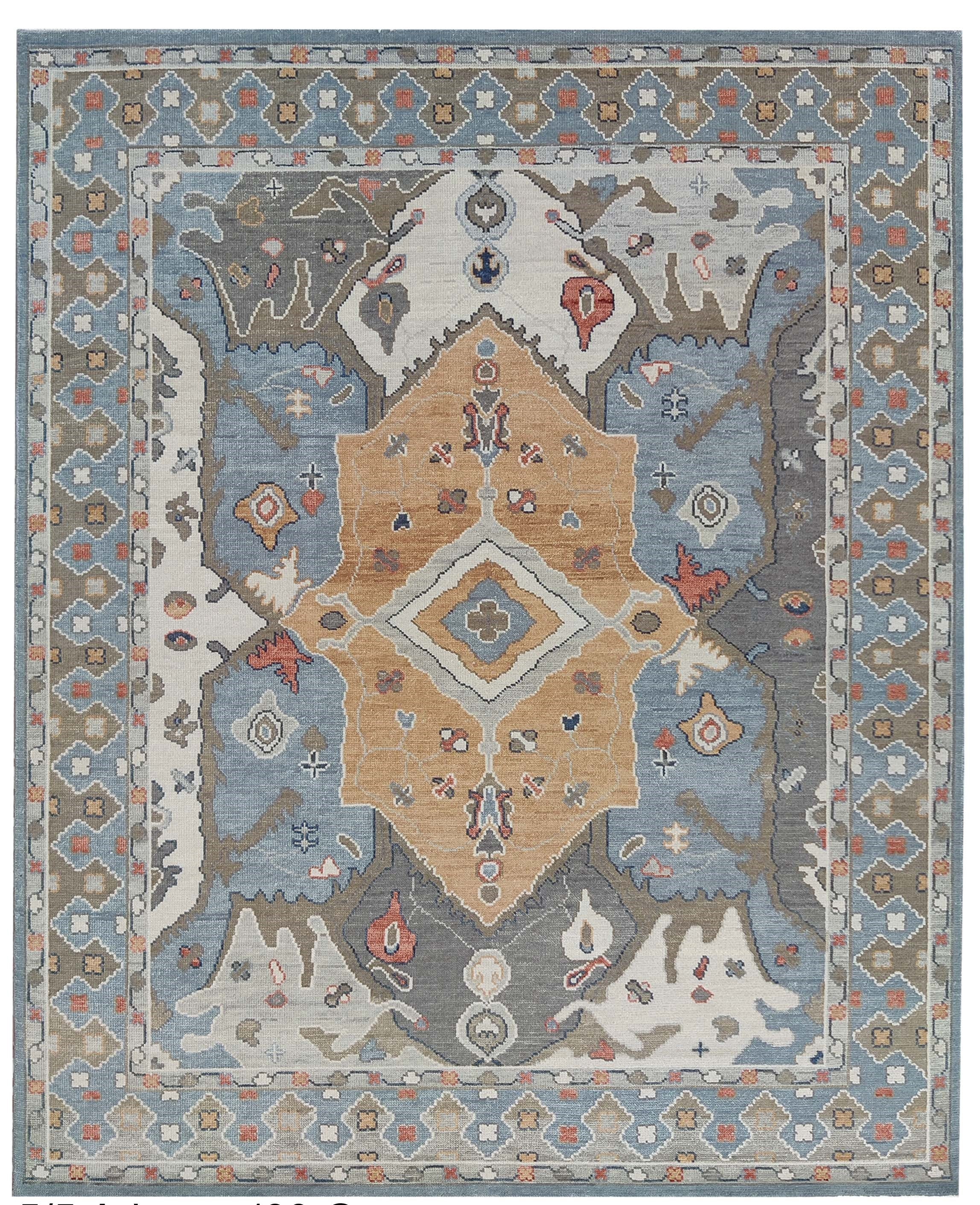 Blue Oushak Rug 8x10 – Hand Knotted Wool Turkish Vintage Area Rug