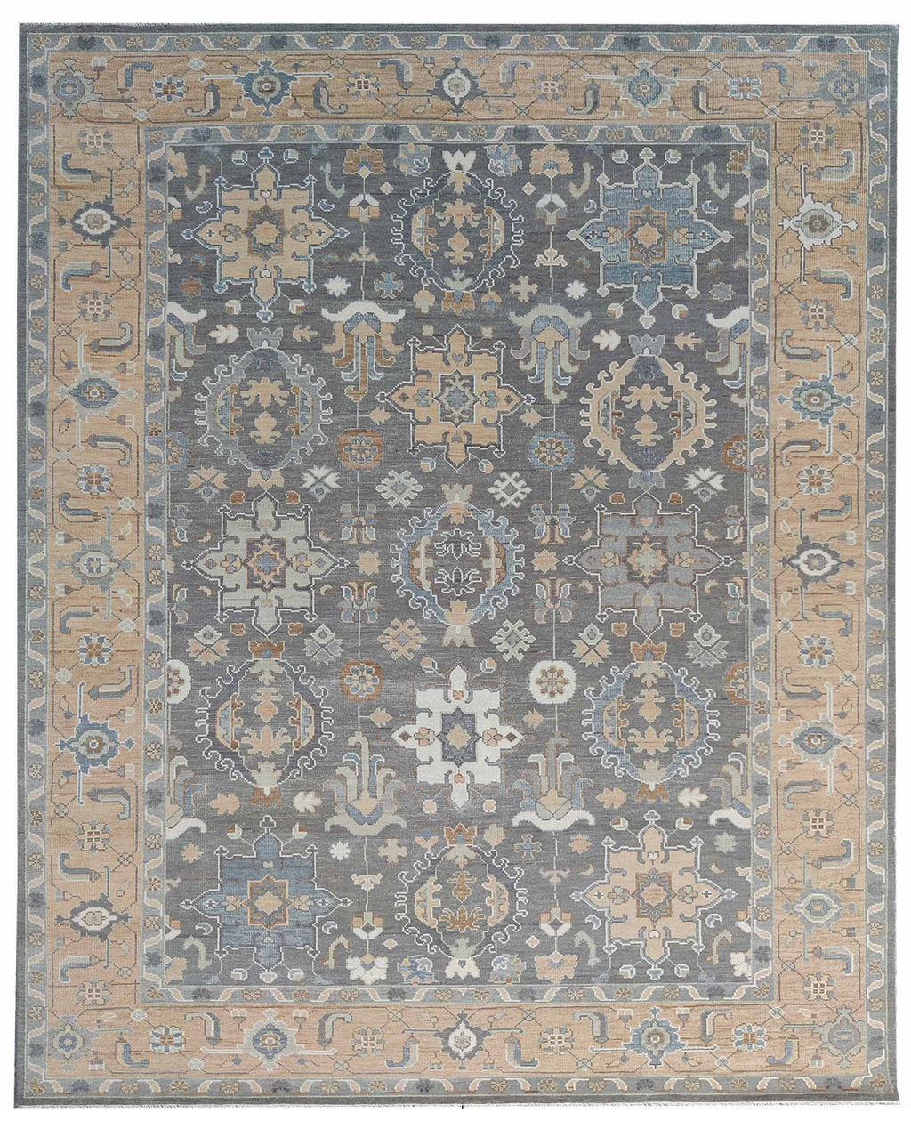 Hand Knotted Wool Oushak Rug, Gray Beige Blue Medallion Turkish Style Carpet 8x10