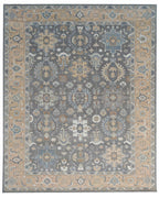 Hand Knotted Wool Oushak Rug, Gray Beige Blue Medallion Turkish Style Carpet 8x10
