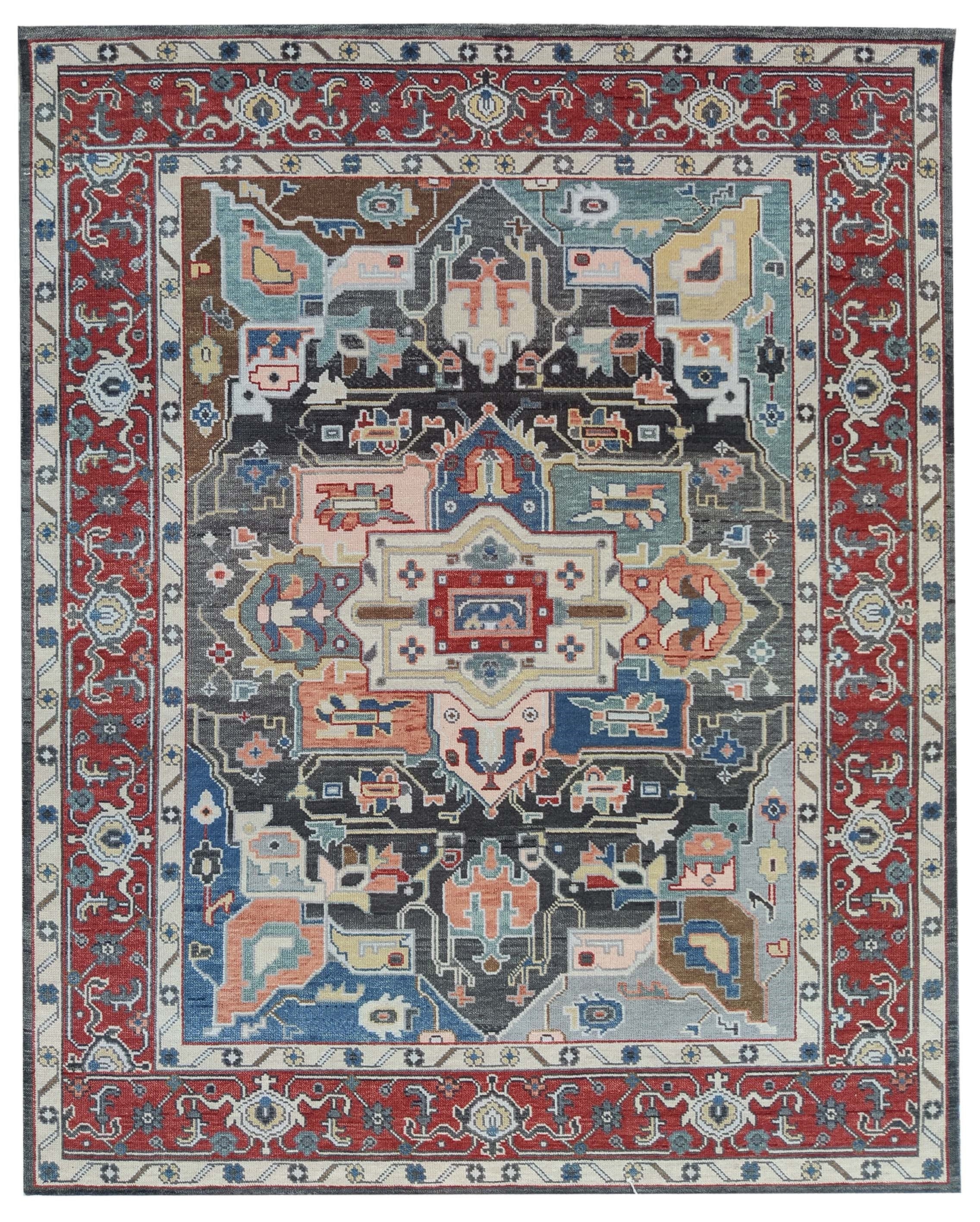Hand Knotted Wool Oushak Rug, Red Ivory Blue Medallion Carpet (8x10)