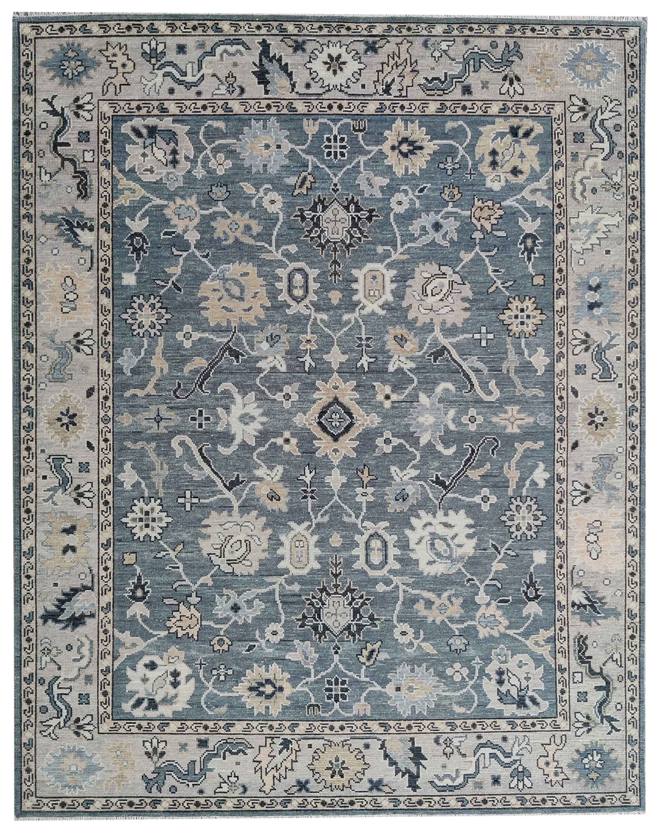 Hand Knotted Oushak Rug 8x10, Blue Grey Vintage Turkish Wool Rug, Ivory Border Floral Carpet, Handmade Living Room Rug Custom