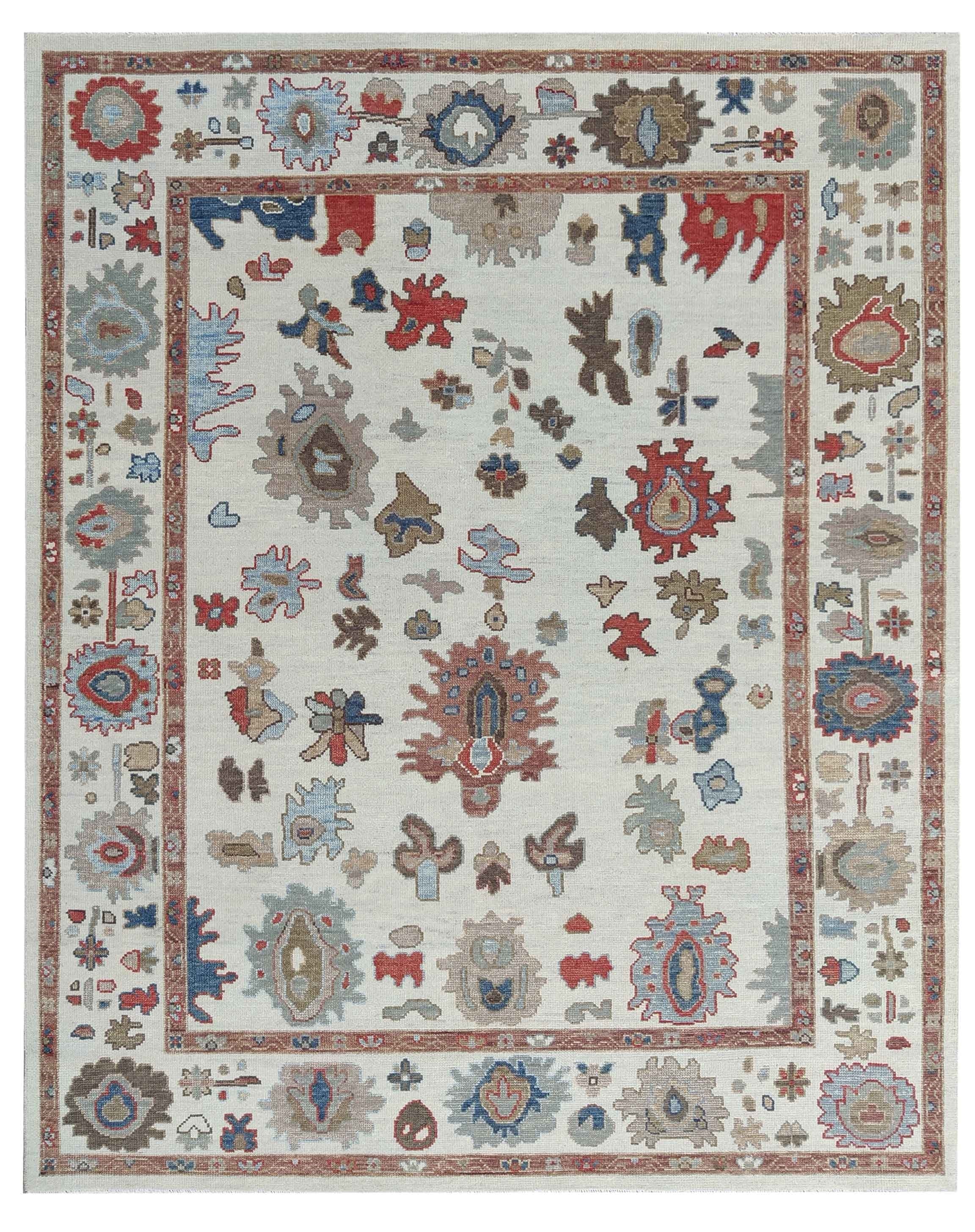 Hand Knotted Oushak Rug – Ivory Wool Traditional Floral Oriental Carpet New Zealand wool