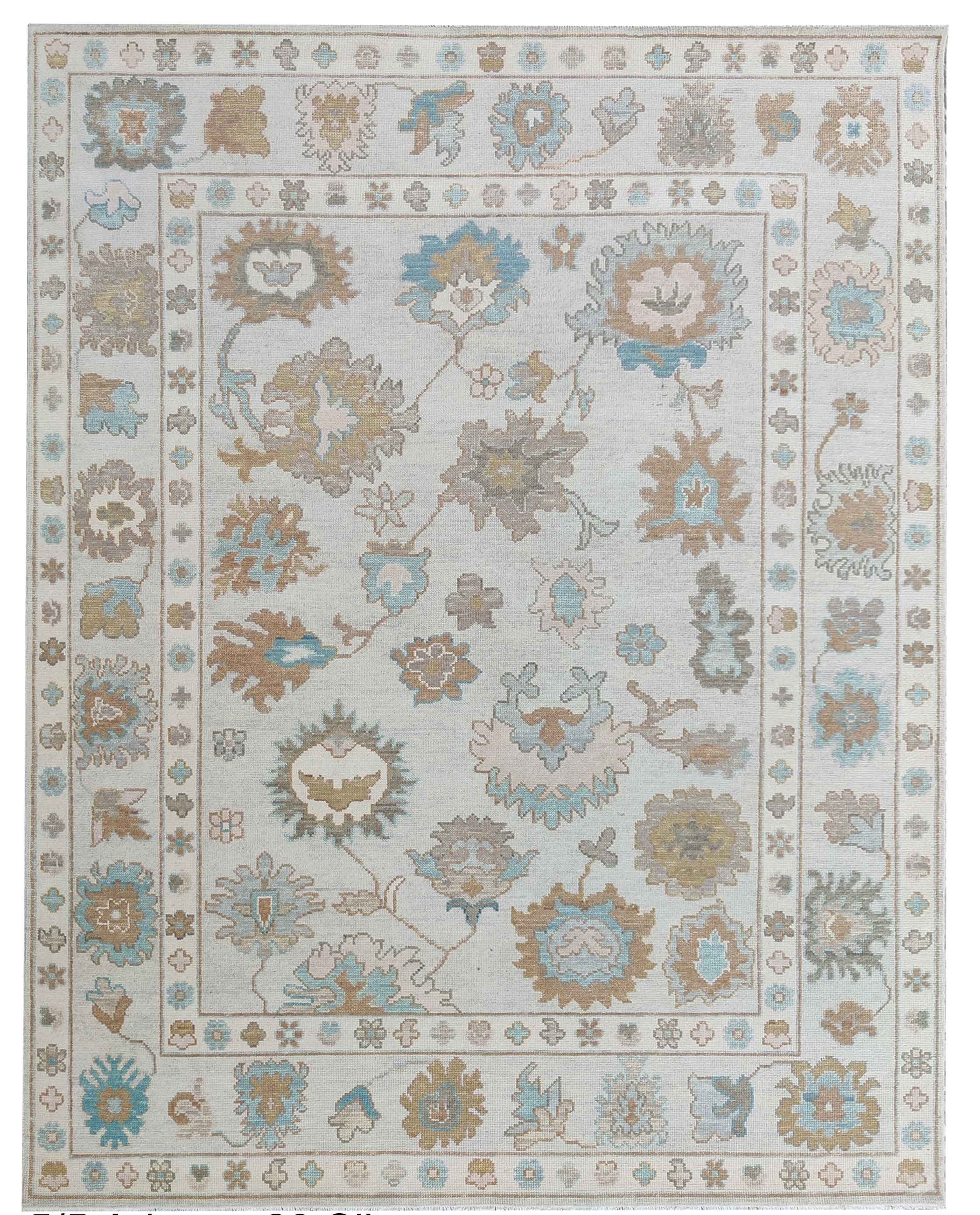 Ivory Oushak Rug – Hand Knotted Wool Rug, Vintage Turkish Floral Rug, Soft Pastel Area Rug, 8x10 Custom Rug