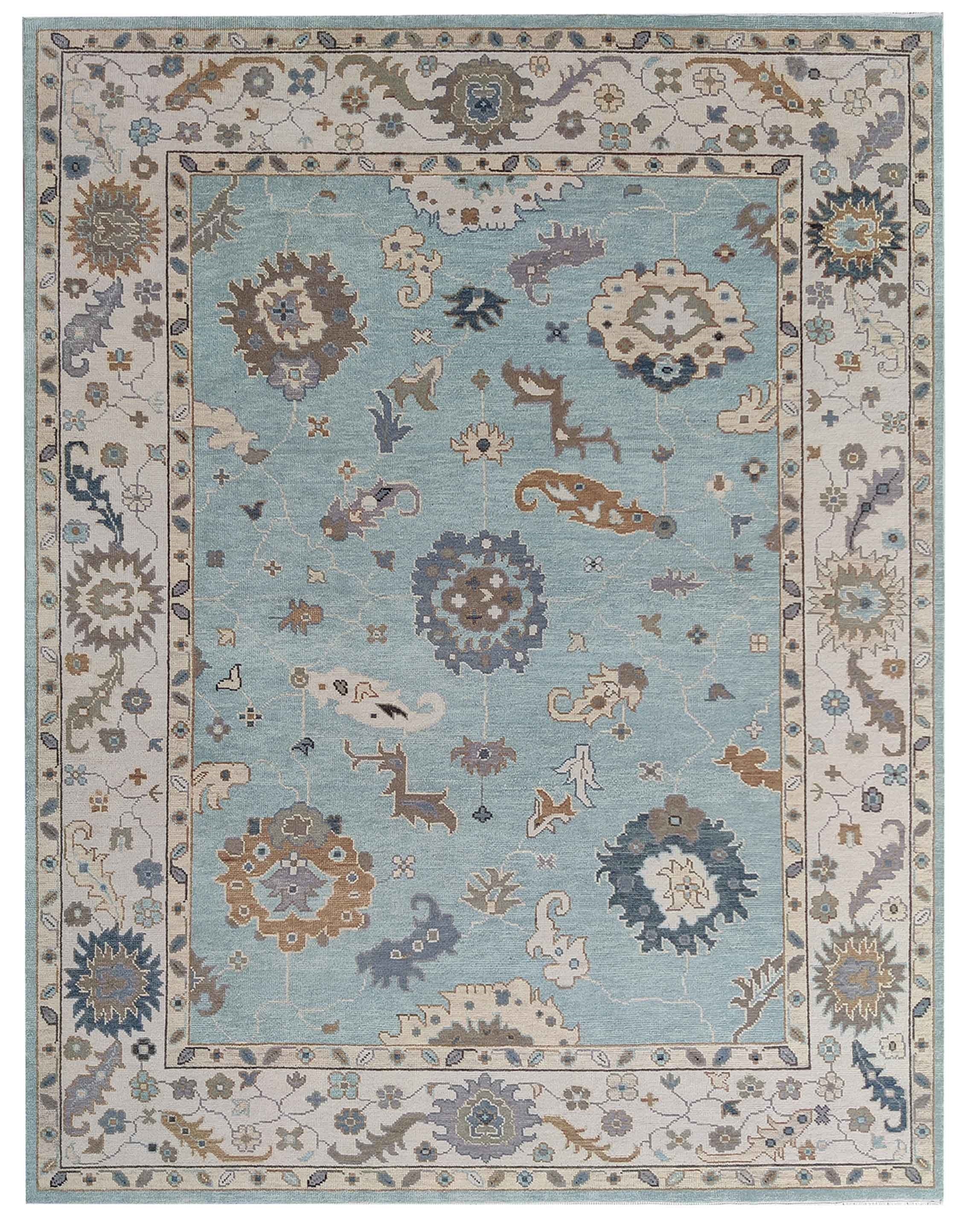 Hand Knotted Oushak Rug 8x10, Light Blue Vintage Turkish Wool Rug, Ivory Border Floral Carpet, Handmade Luxury Area Rug Custom