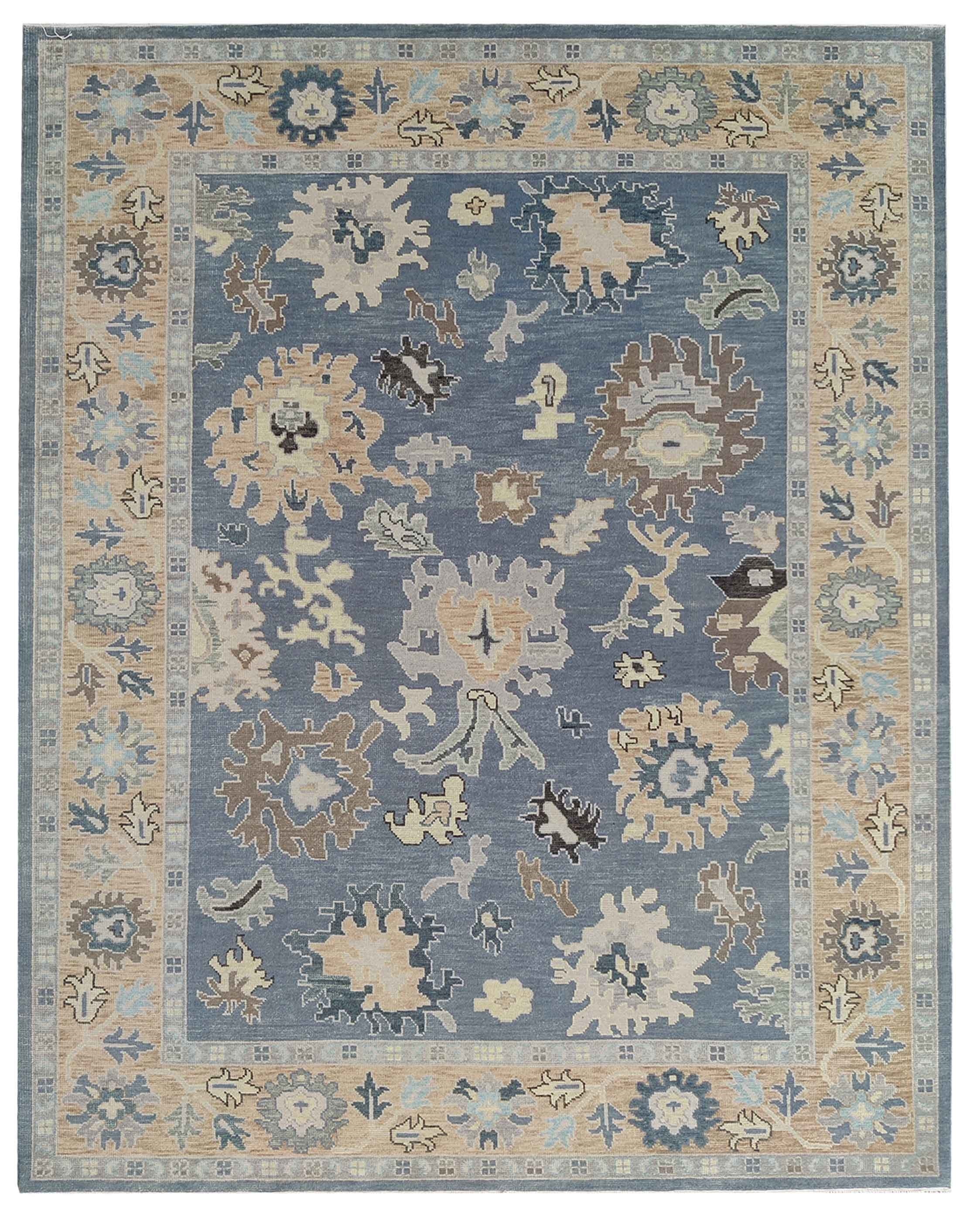 Hand Knotted Oushak Rug 8x10, Blue Field Beige Border Vintage Turkish Wool Rug, Floral Handmade Carpet, Luxury Area Rug Custom