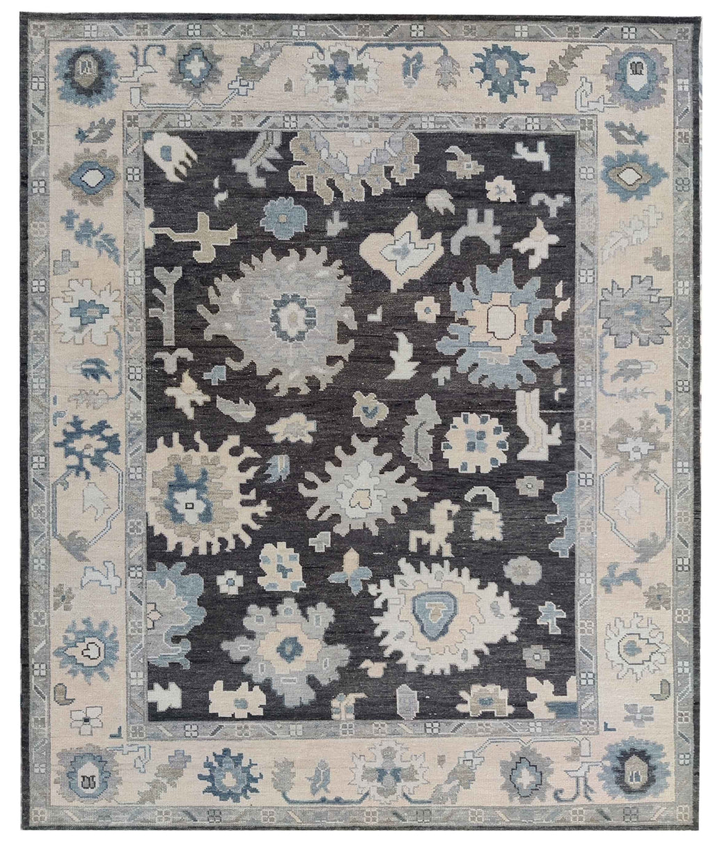Hand Knotted Oushak Rug 8x10, Charcoal Black Vintage Turkish Wool Rug, Ivory Border Floral Handmade Carpet, Luxury Area Rug Custom