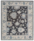Hand Knotted Oushak Rug 8x10, Charcoal Black Vintage Turkish Wool Rug, Ivory Border Floral Handmade Carpet, Luxury Area Rug Custom