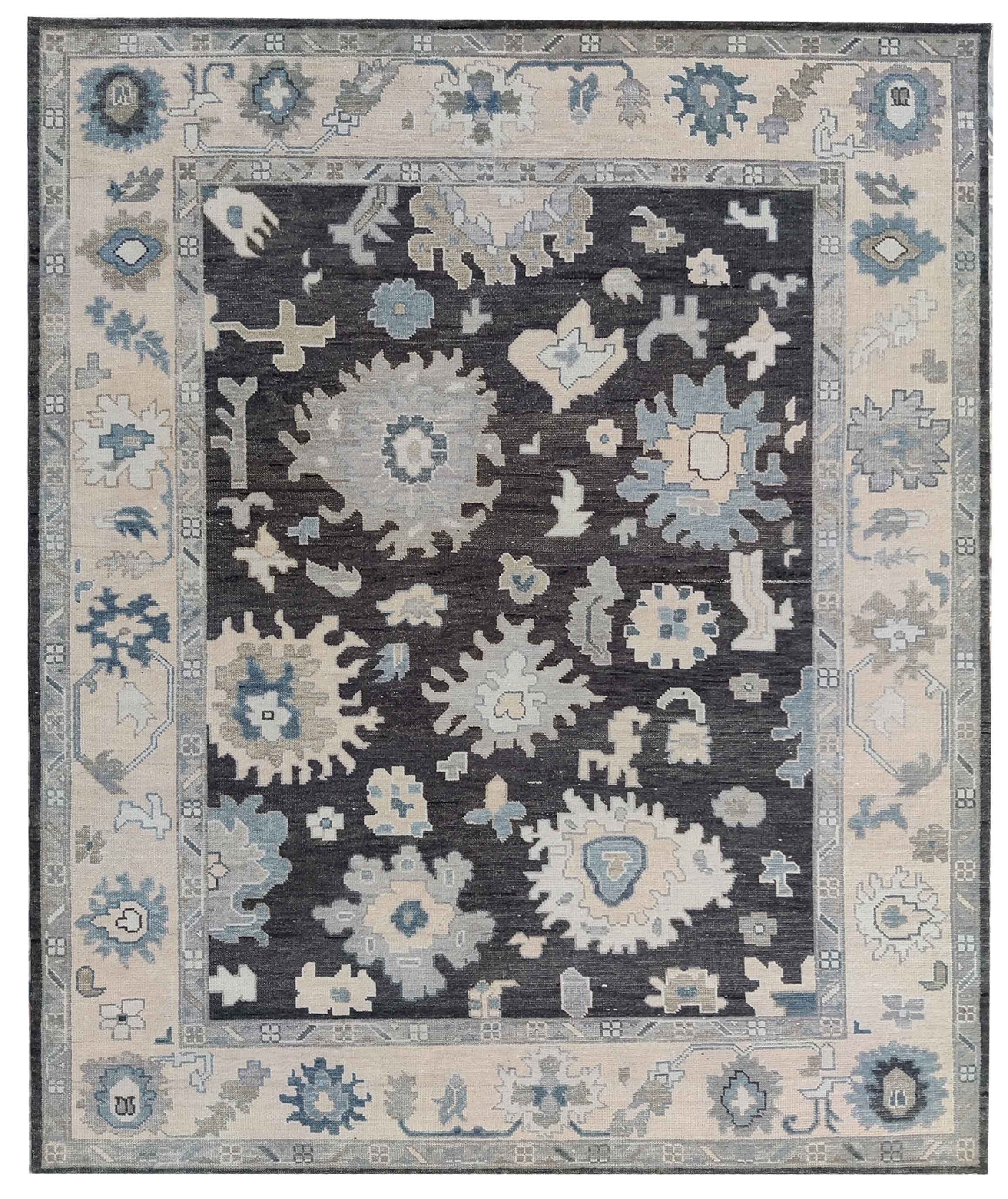 Hand Knotted Oushak Rug 8x10, Charcoal Black Vintage Turkish Wool Rug, Ivory Border Floral Handmade Carpet, Luxury Area Rug Custom