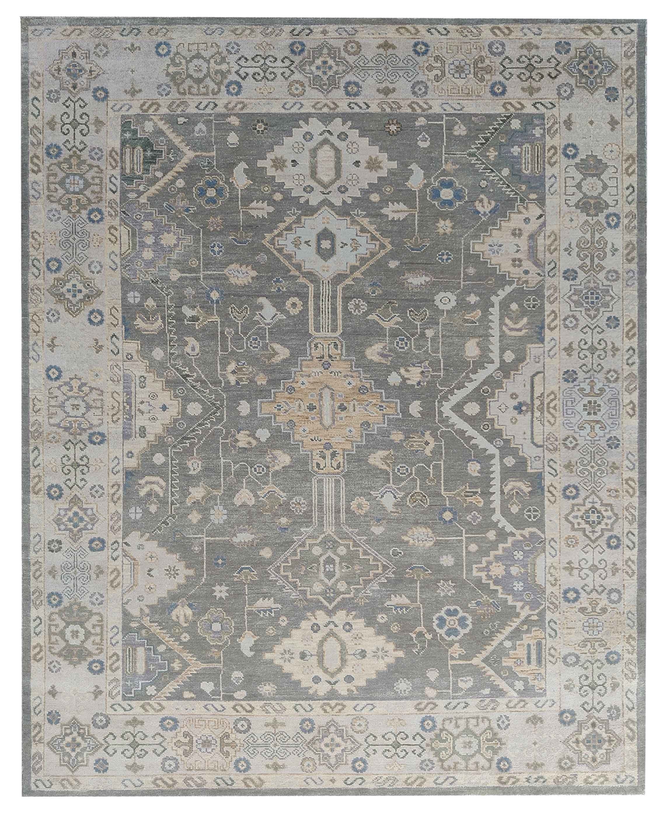 Hand Knotted Oushak Rug 8x10, Grey Vintage Turkish Wool Rug, Ivory Border Geometric Floral Carpet, Handmade Luxury Area Rug Custom