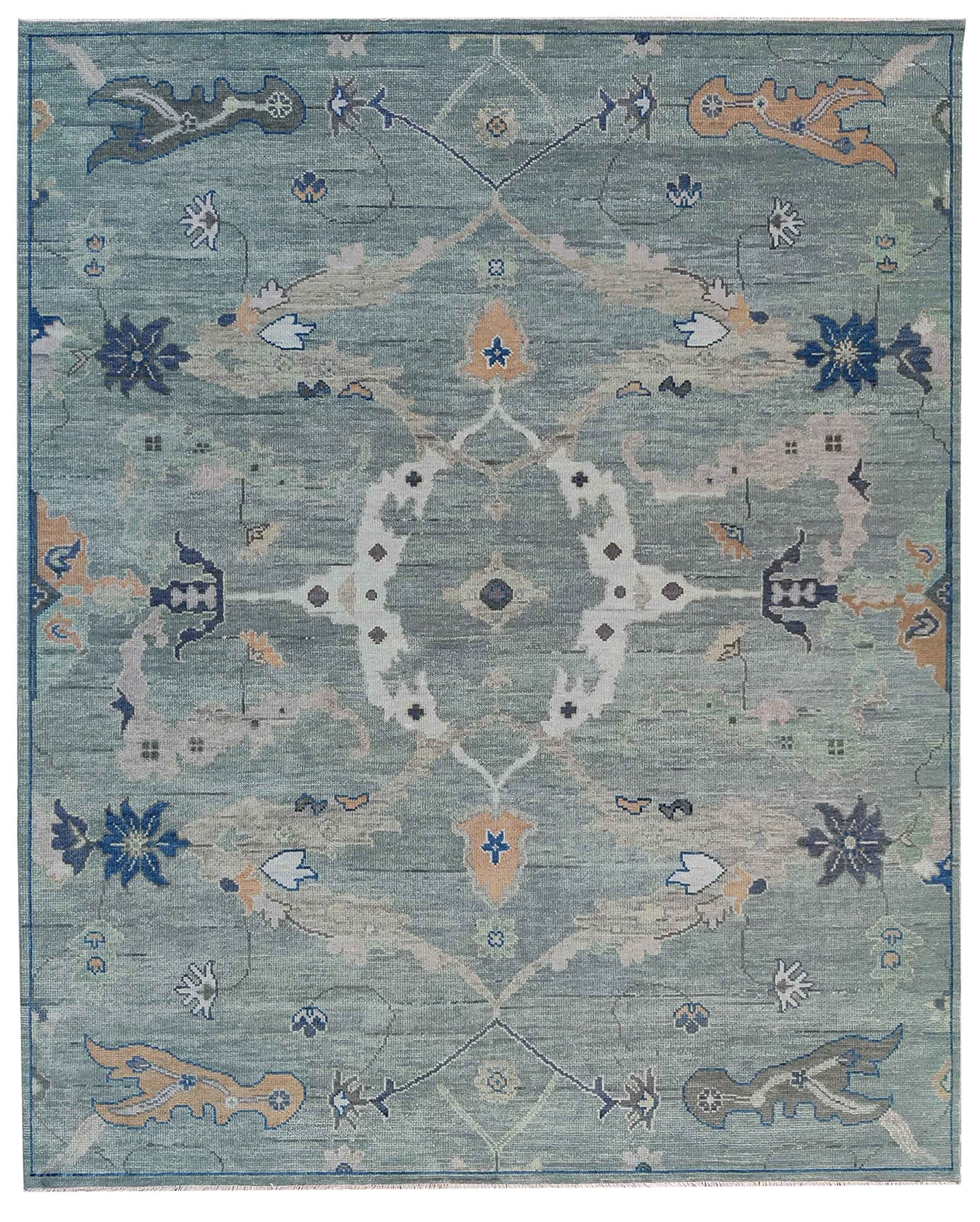 Vintage Oushak Rug 8x10, Hand Knotted Wool Rug, Sage Green Blue Turkish Rug, Antique Style Area Rug, Living Room Carpet