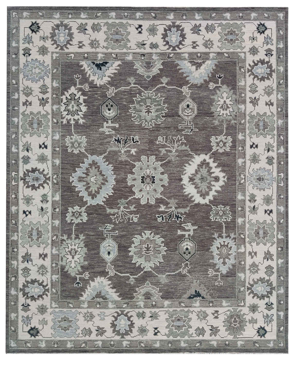Hand Knotted Oushak Rug 9x12 Ft – Taupe Brown & Ivory Vintage Turkish Wool Carpet, Traditional Floral Medallion Area Rug