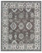 Hand Knotted Oushak Rug 9x12 Ft – Taupe Brown & Ivory Vintage Turkish Wool Carpet, Traditional Floral Medallion Area Rug