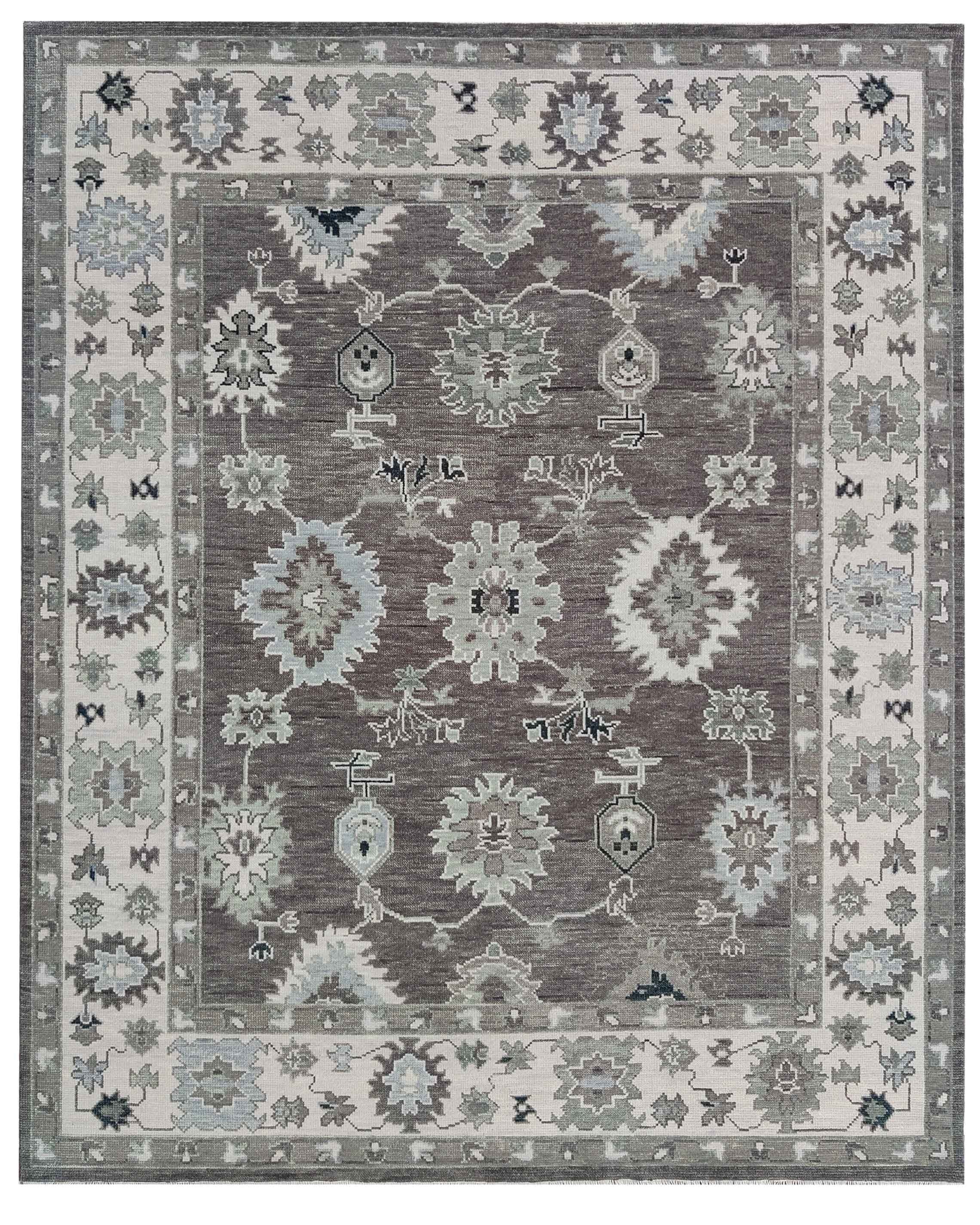Hand Knotted Oushak Rug 9x12 Ft – Taupe Brown & Ivory Vintage Turkish Wool Carpet, Traditional Floral Medallion Area Rug