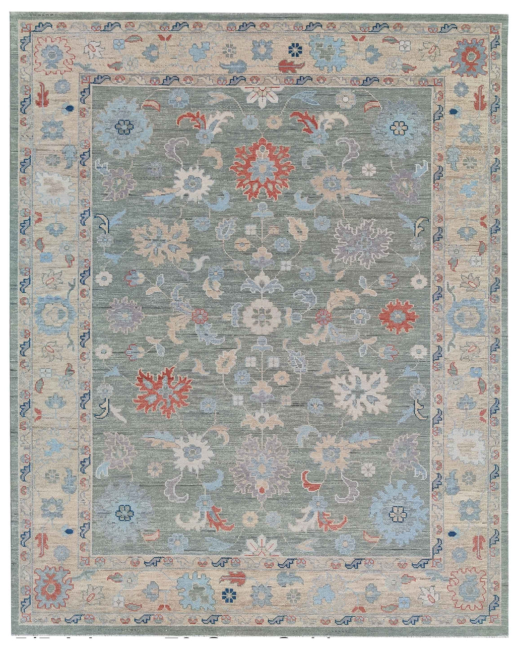 Hand Knotted Oushak Rug 9x12 Ft – Sage Green & Ivory Vintage Turkish Wool Carpet, Floral Medallion Area Rug for Living Room