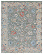 Hand Knotted Oushak Rug 9x12 Ft – Sage Green & Ivory Vintage Turkish Wool Carpet, Floral Medallion Area Rug for Living Room