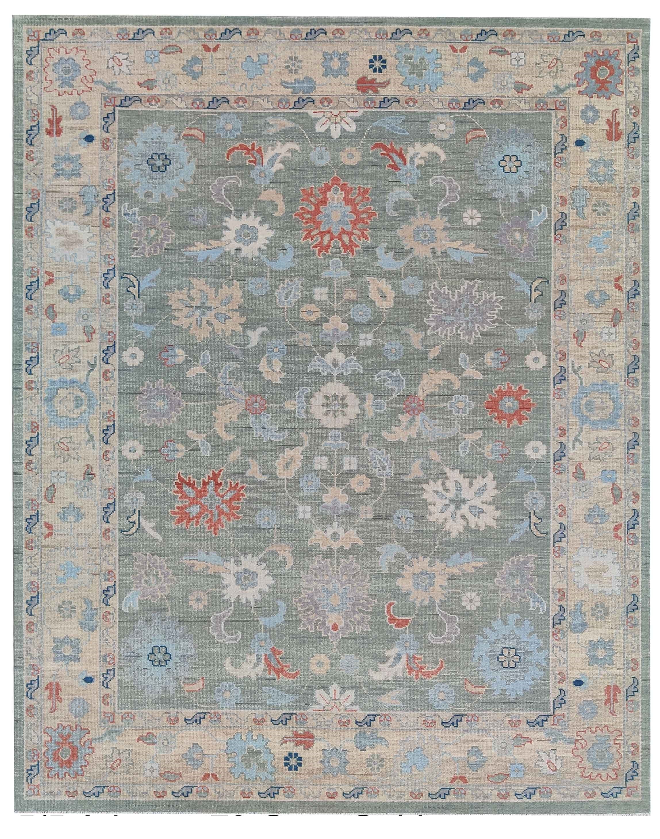 Hand Knotted Oushak Rug 9x12 Ft – Sage Green & Ivory Vintage Turkish Wool Carpet, Floral Medallion Area Rug for Living Room