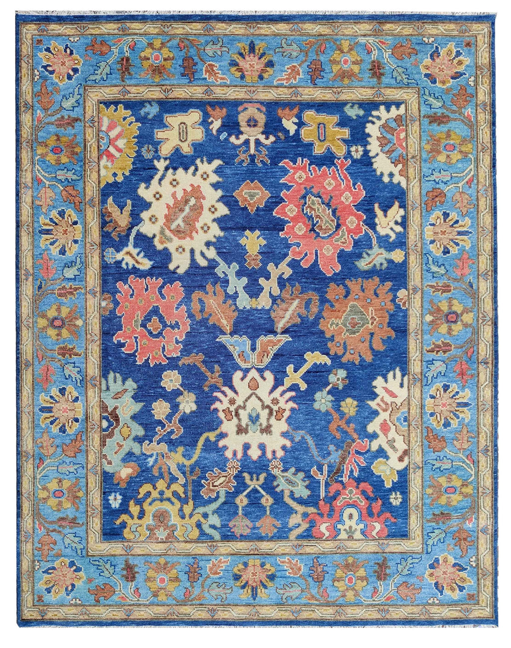 Blue Oushak Rug Hand Knotted Wool | Vintage Turkish Style Floral Rug 8x10 | Luxury Living Room Area Rug Custom Size