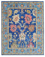 Blue Oushak Rug Hand Knotted Wool | Vintage Turkish Style Floral Rug 8x10 | Luxury Living Room Area Rug Custom Size