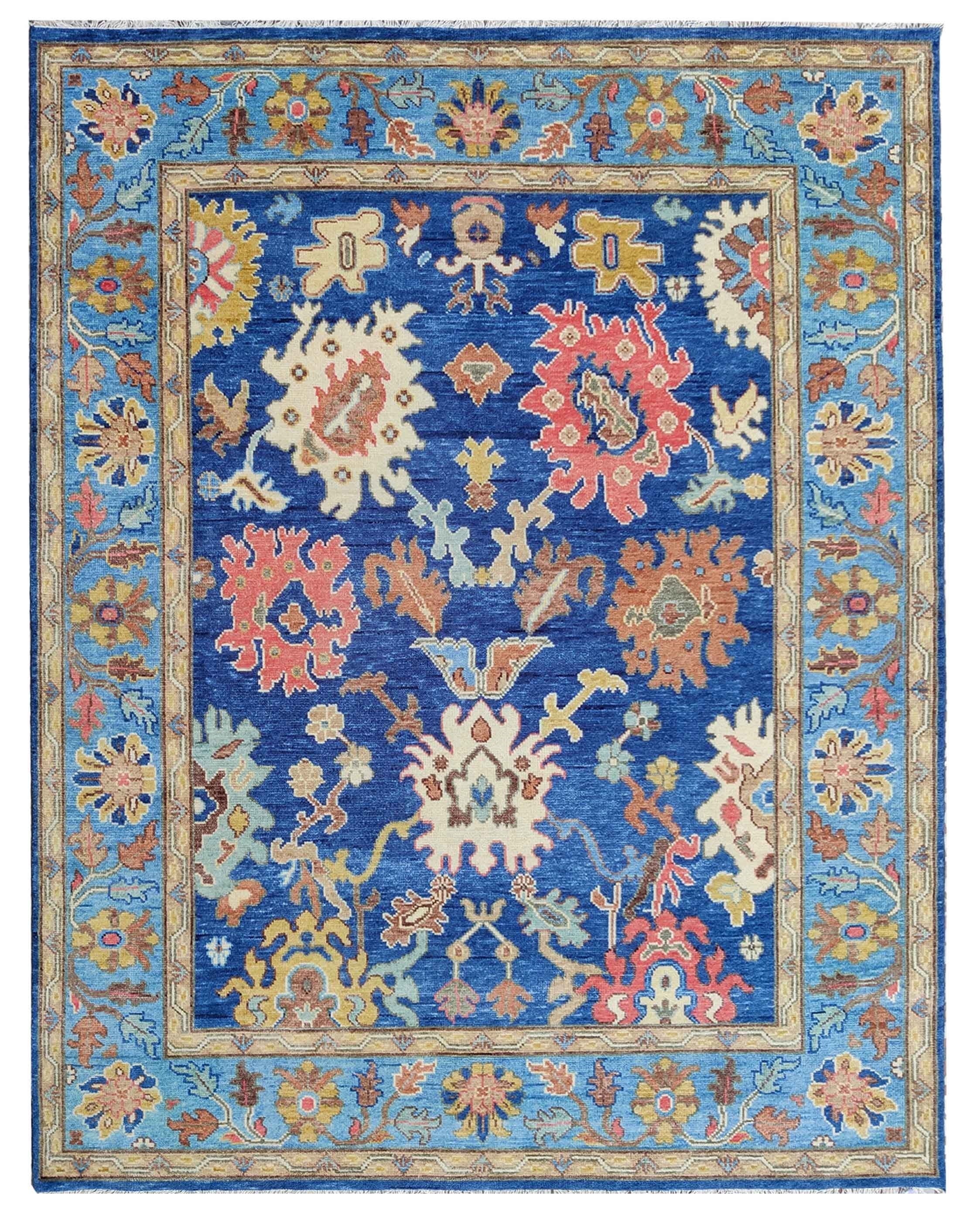 Blue Oushak Rug Hand Knotted Wool | Vintage Turkish Style Floral Rug 8x10 | Luxury Living Room Area Rug Custom Size