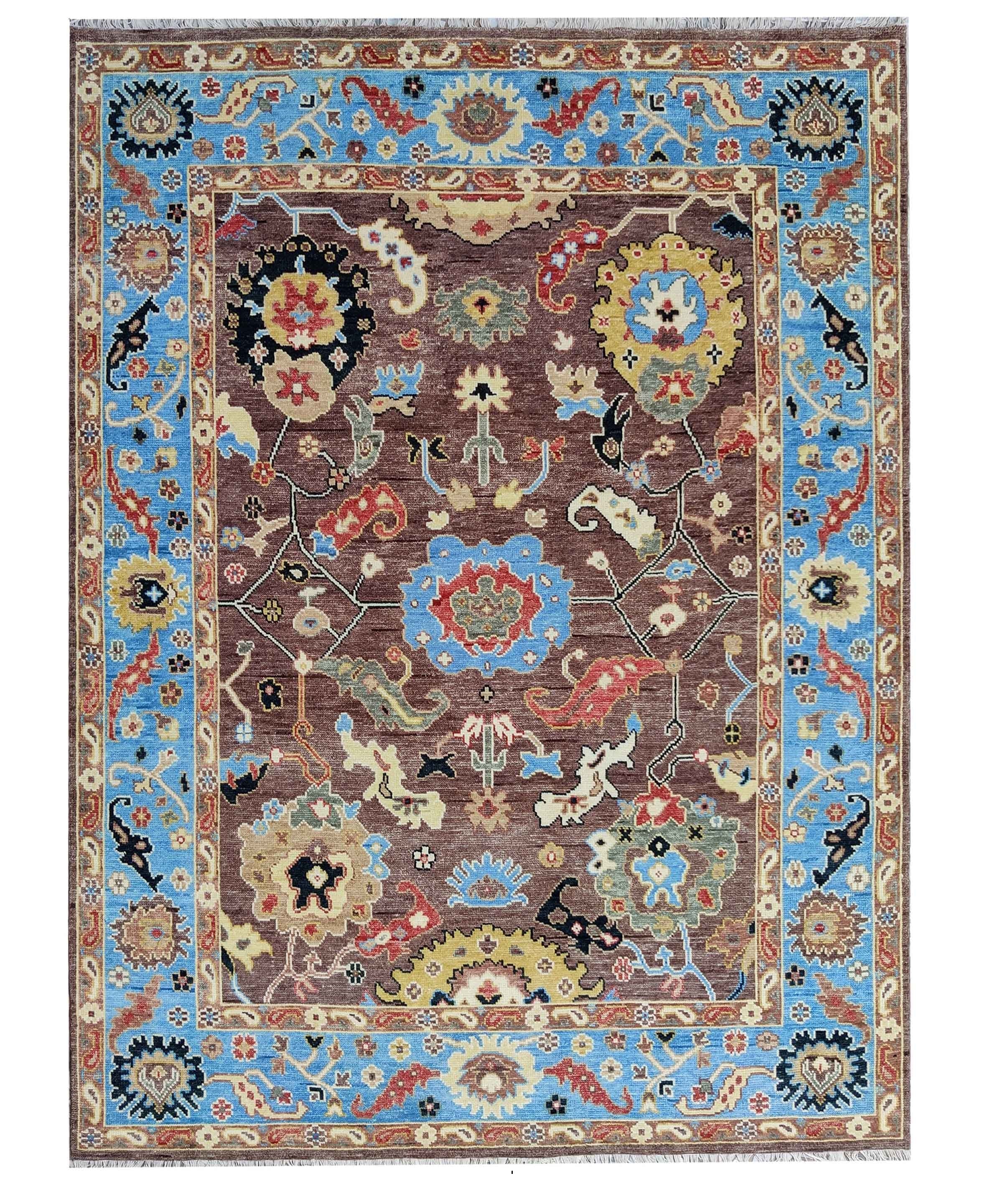 Hand Knotted Oushak Wool Rug 8x10 Brown Blue Floral Medallion Turkish Carpet