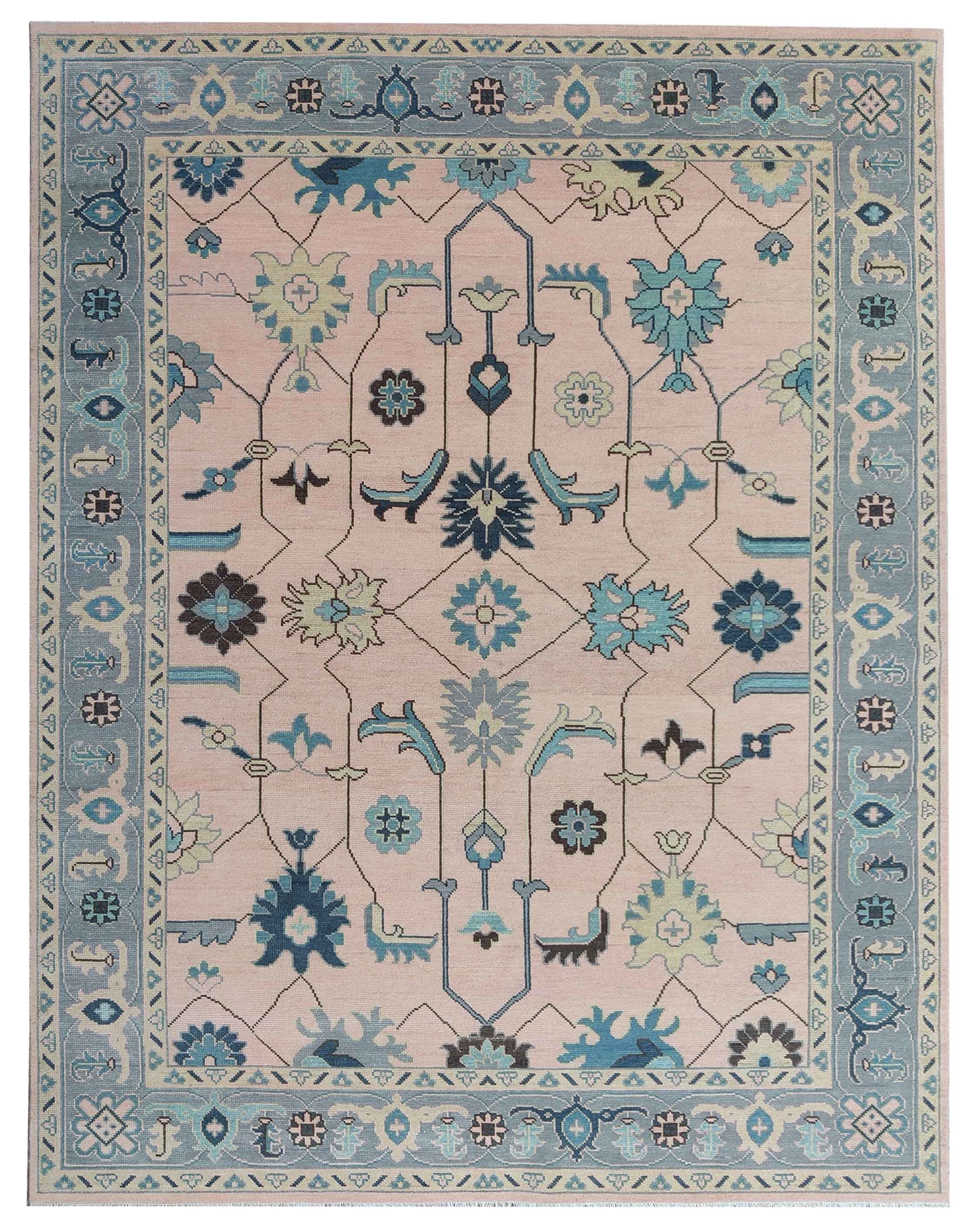 Blush Pink Oushak Rug 8x10 Hand Knotted Wool Turkish Rug, Blue Floral Vintage Area Rug, Soft Neutral Living Room Rug, Custom Size