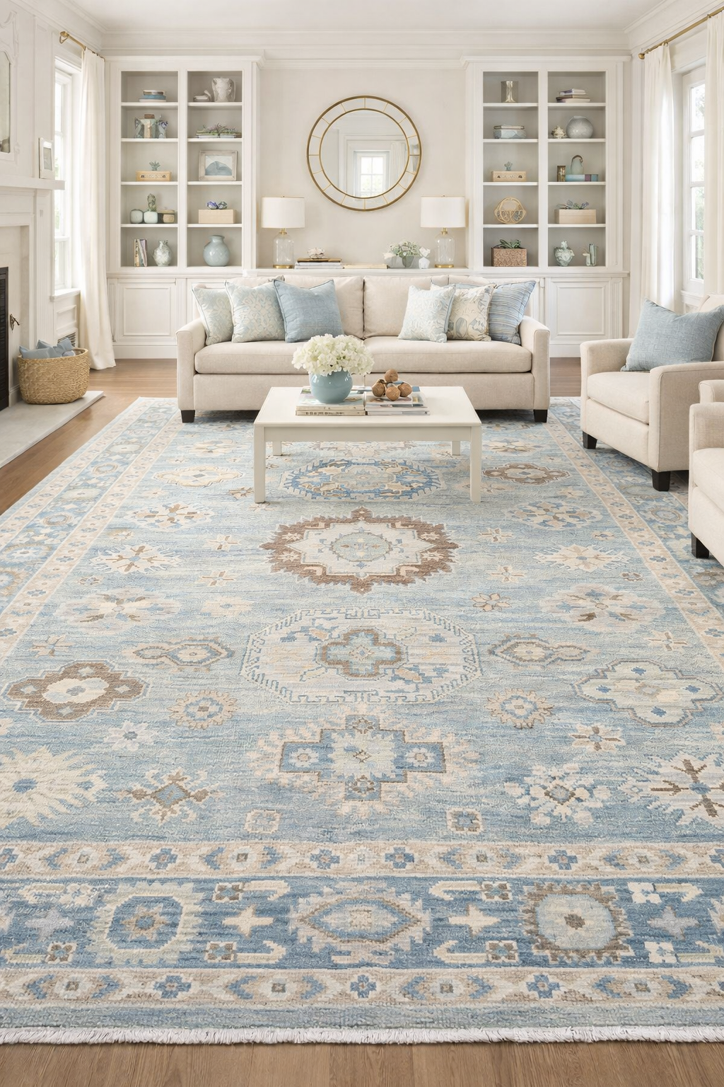 Soft Blue & Ivory Vintage Turkish Style Wool Rug, Handmade Traditional Oriental Carpet for Living Room, Bedroom Custom Size Rug hand knotted
