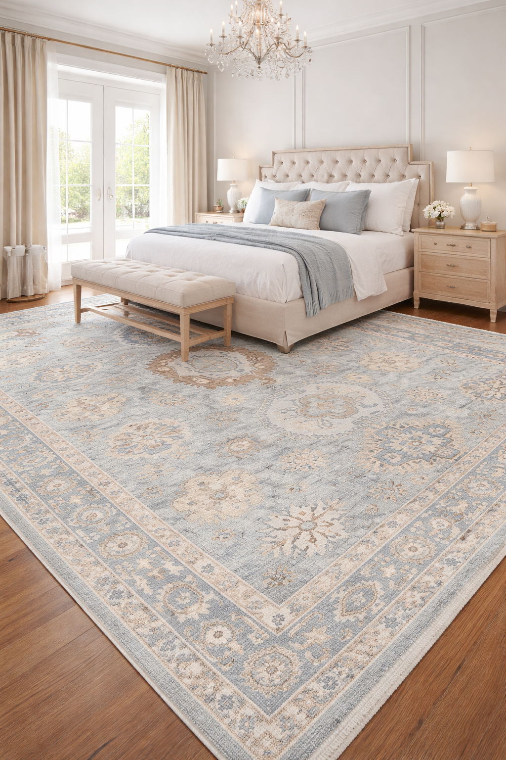 Soft Blue & Ivory Vintage Turkish Style Wool Rug, Handmade Traditional Oriental Carpet for Living Room, Bedroom Custom Size Rug hand knotted